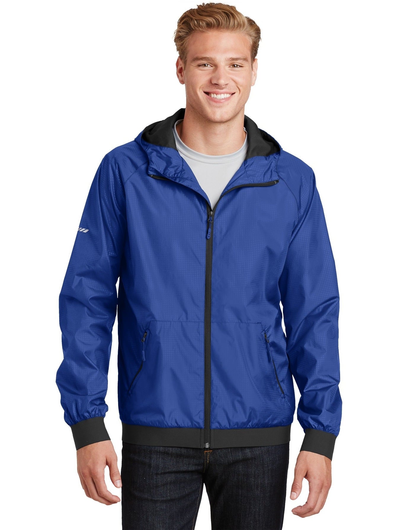 No-Logo CLOSEOUT - Sport-Tek Embossed Hooded Wind Jacket-Discontinued-Sport-Tek-True Royal/Black-S-Thread Logic