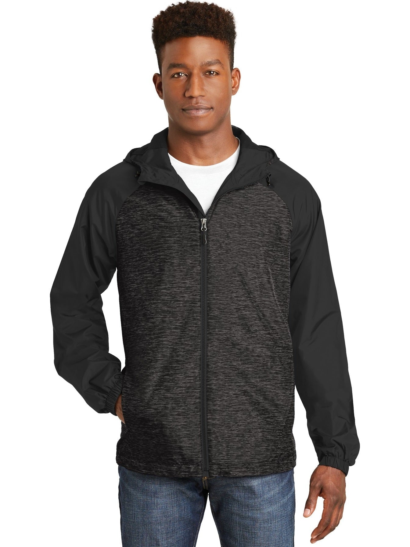 Sport-Tek Heather Colorblock Raglan Hooded Wind Jacket-Regular-Sport-Tek-Black Heather/Black-S-Thread Logic