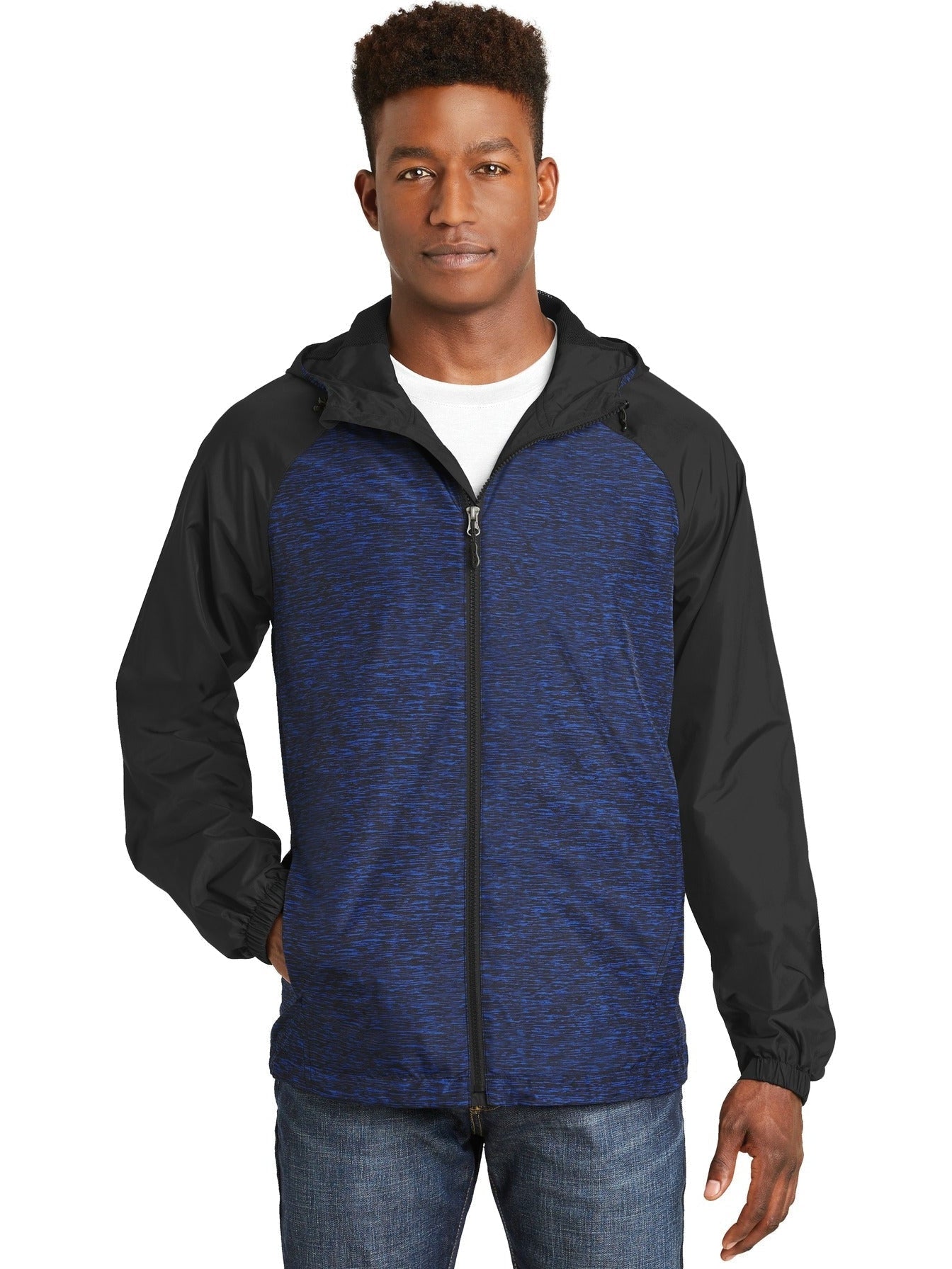 Sport-Tek Heather Colorblock Raglan Hooded Wind Jacket-Regular-Sport-Tek-True Royal Heather/Black-S-Thread Logic