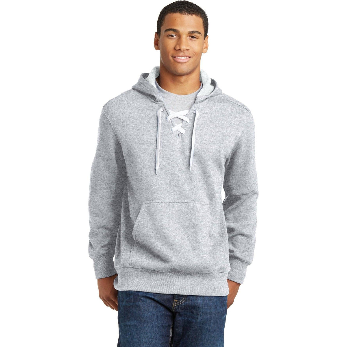 logo-left Sport-Tek Lace Up Pullover Hooded Sweatshirt-Hoodies-Sport-Tek-Athletic Heather-S-Thread Logic
