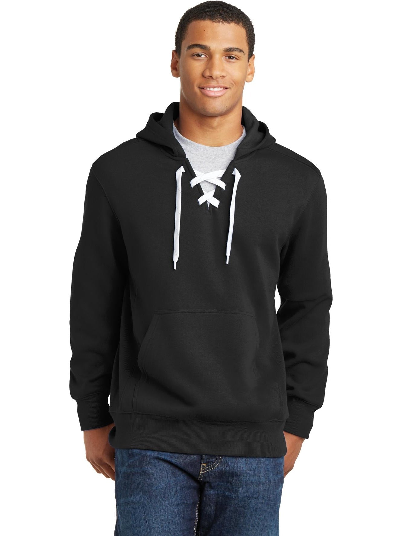 Sport-Tek Lace Up Pullover Hooded Sweatshirt-Regular-Sport-Tek-Black-S-Thread Logic
