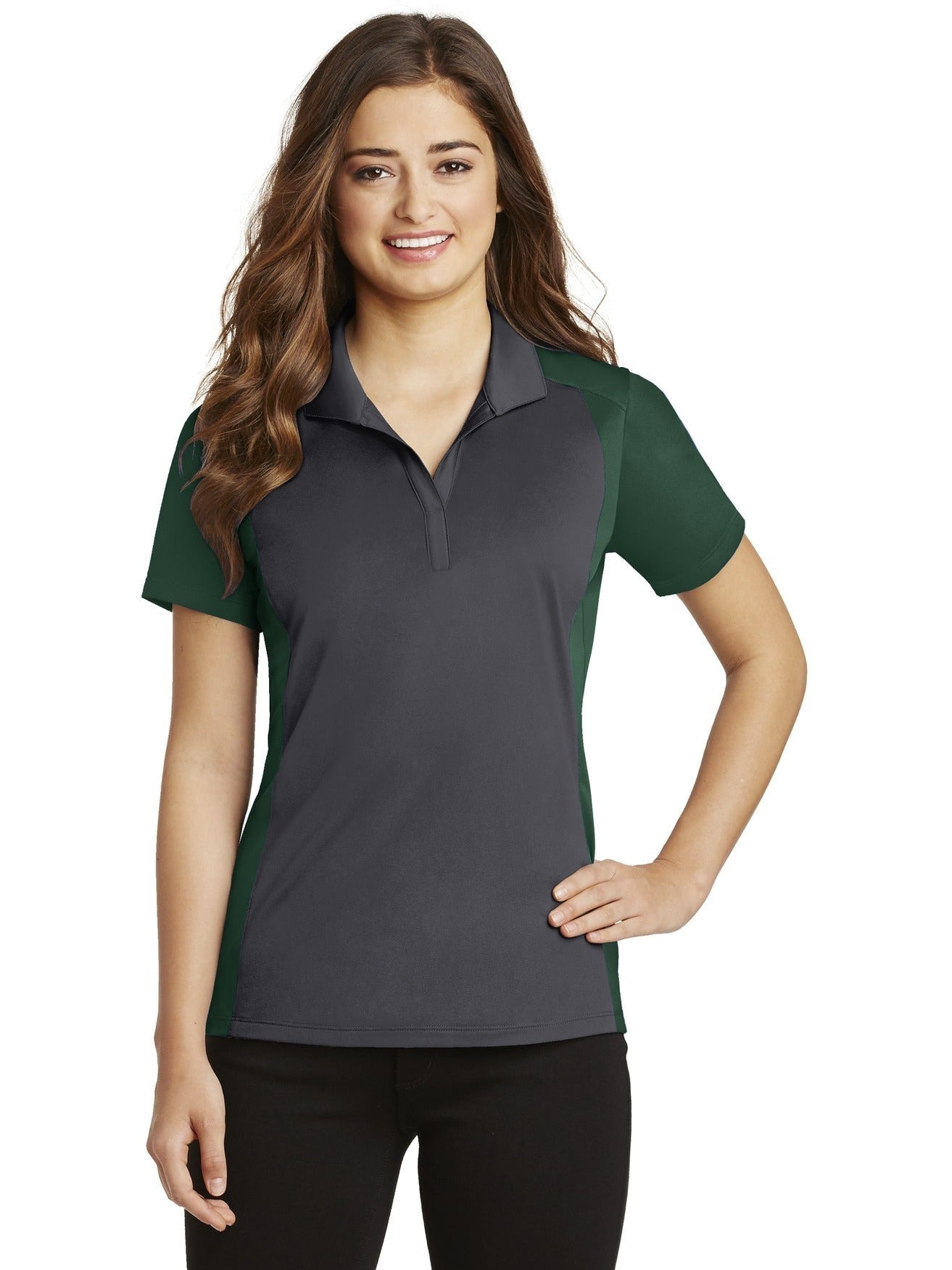 Sport-Tek Ladies Colorblock Micropique Sport-Wick Polo-Regular-Sport-Tek-Iron Grey/Forest Green-S-Thread Logic