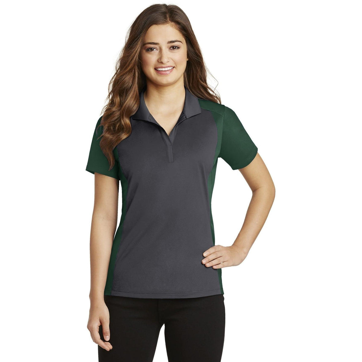no-logo Sport-Tek Women's Colorblock Micropique Sport-Wick Polo-Regular-Sport-Tek-Iron Grey/Forest Green-S-Thread Logic