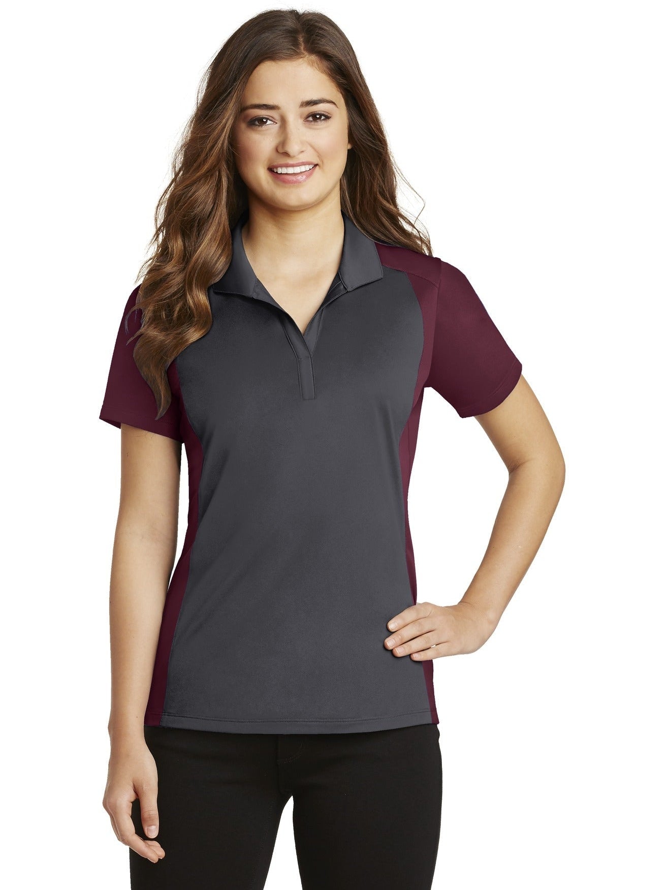 Sport-Tek Ladies Colorblock Micropique Sport-Wick Polo-Regular-Sport-Tek-Iron Grey/Maroon-S-Thread Logic