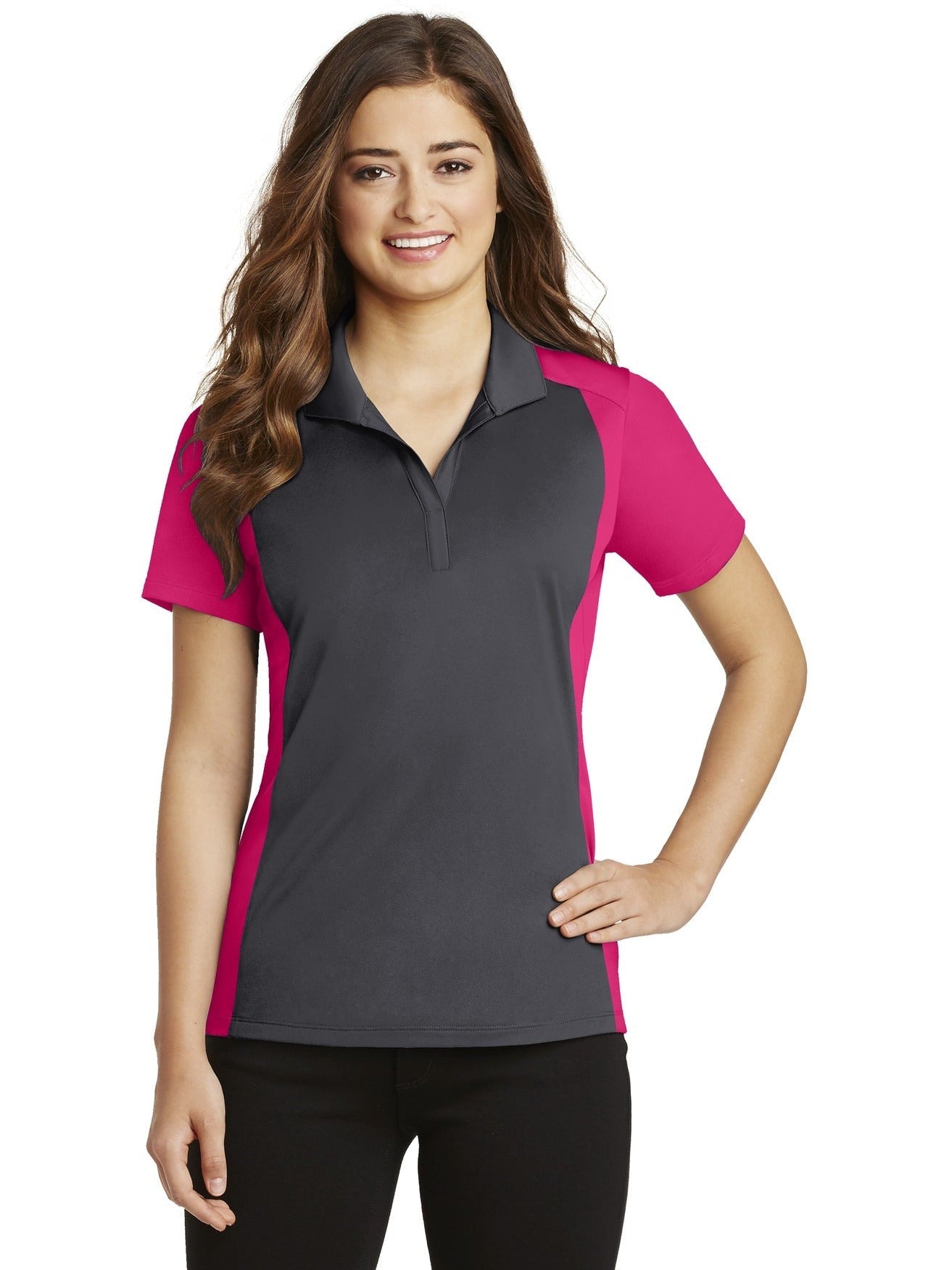Sport-Tek Ladies Colorblock Micropique Sport-Wick Polo-Regular-Sport-Tek-Iron Grey/Pink Raspberry-S-Thread Logic