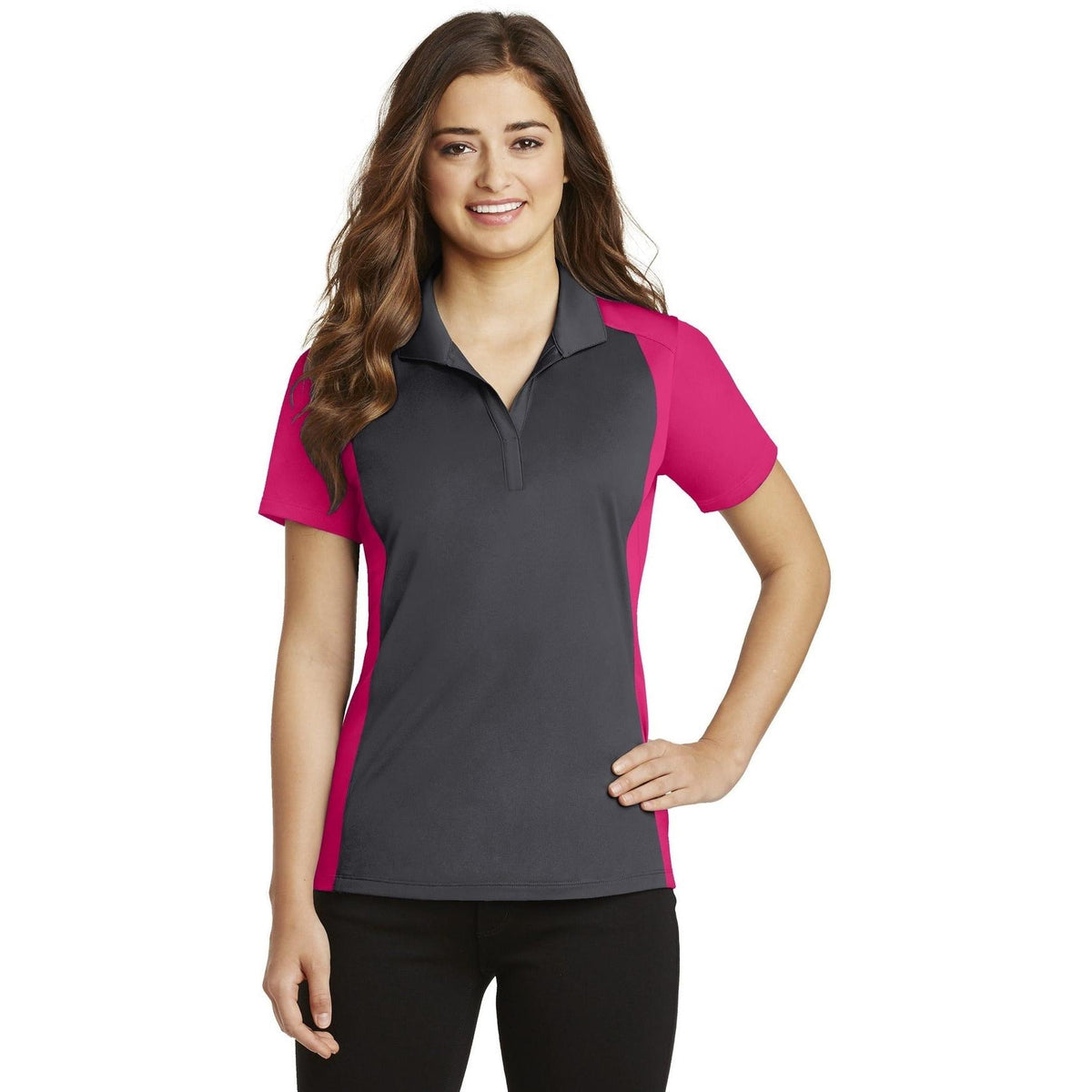 no-logo Sport-Tek Women's Colorblock Micropique Sport-Wick Polo-Regular-Sport-Tek-Iron Grey/Pink Raspberry-S-Thread Logic
