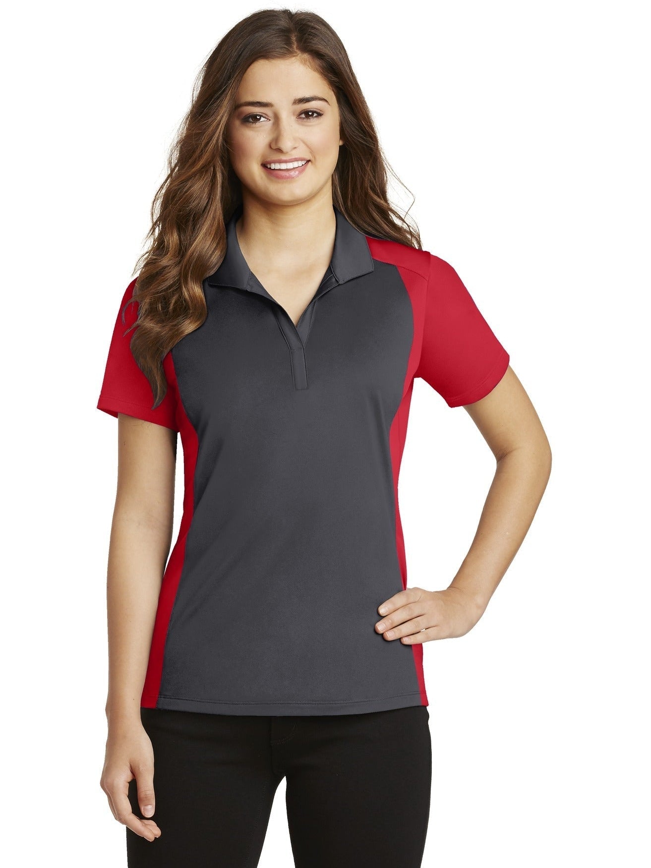 Sport-Tek Ladies Colorblock Micropique Sport-Wick Polo-Regular-Sport-Tek-Iron Grey/True Red-S-Thread Logic