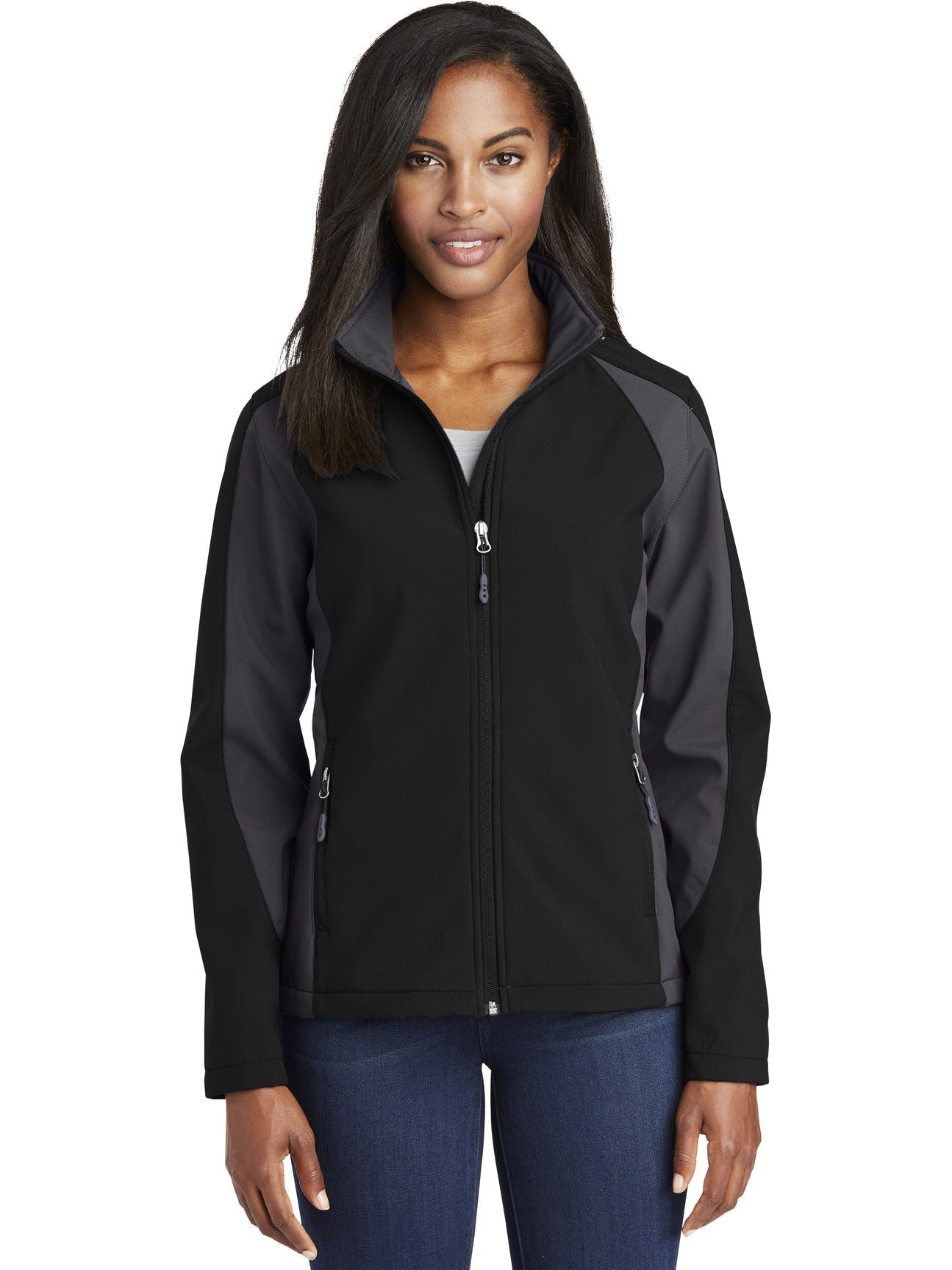 No-Logo CLOSEOUT - Sport-Tek Ladies Colorblock Soft Shell-Active-Sport-Tek-Black/Iron Grey-XS-Thread Logic