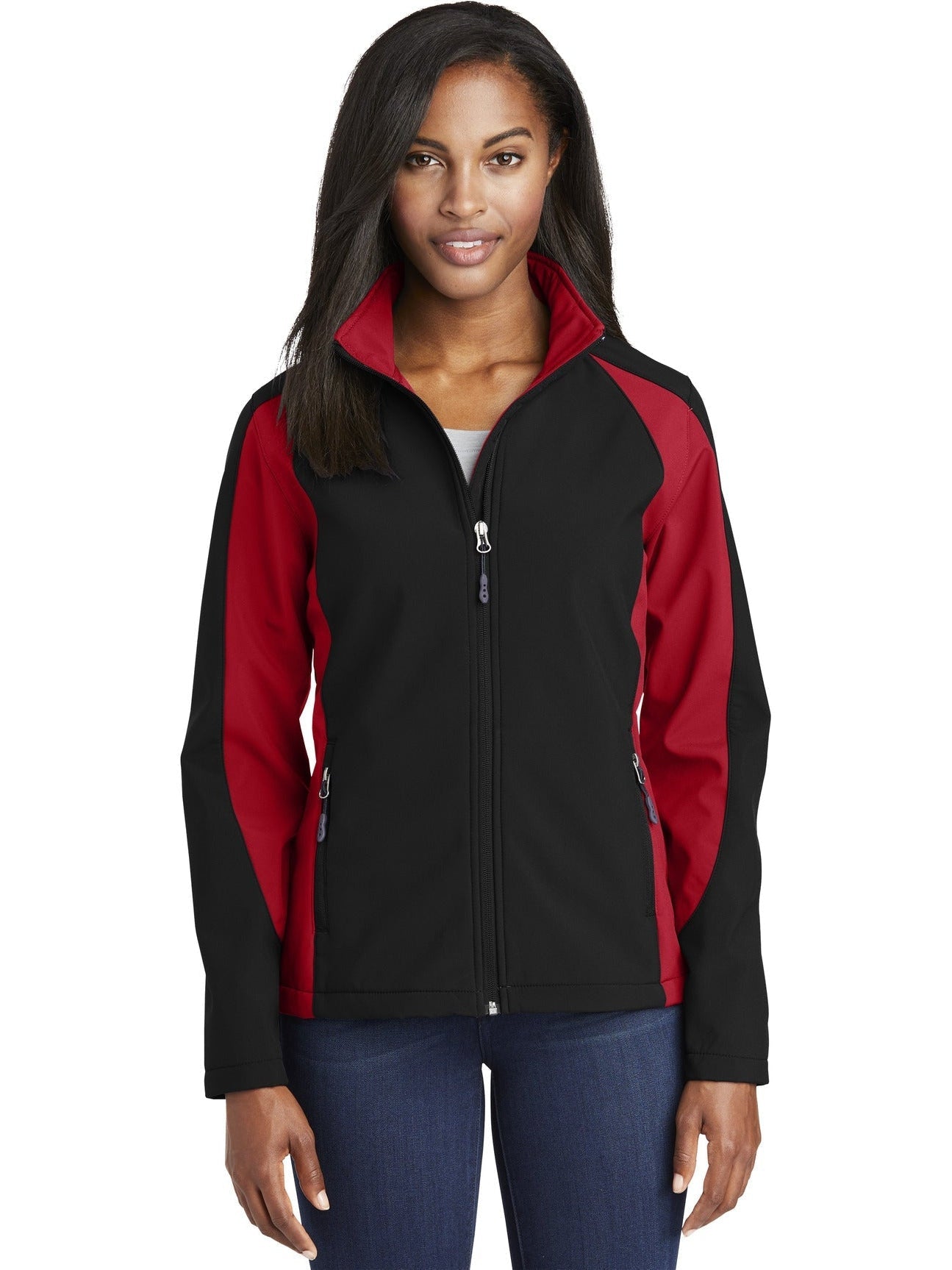Sport-Tek Ladies Colorblock Soft Shell-Regular-Sport-Tek-Black/True Red-XS-Thread Logic