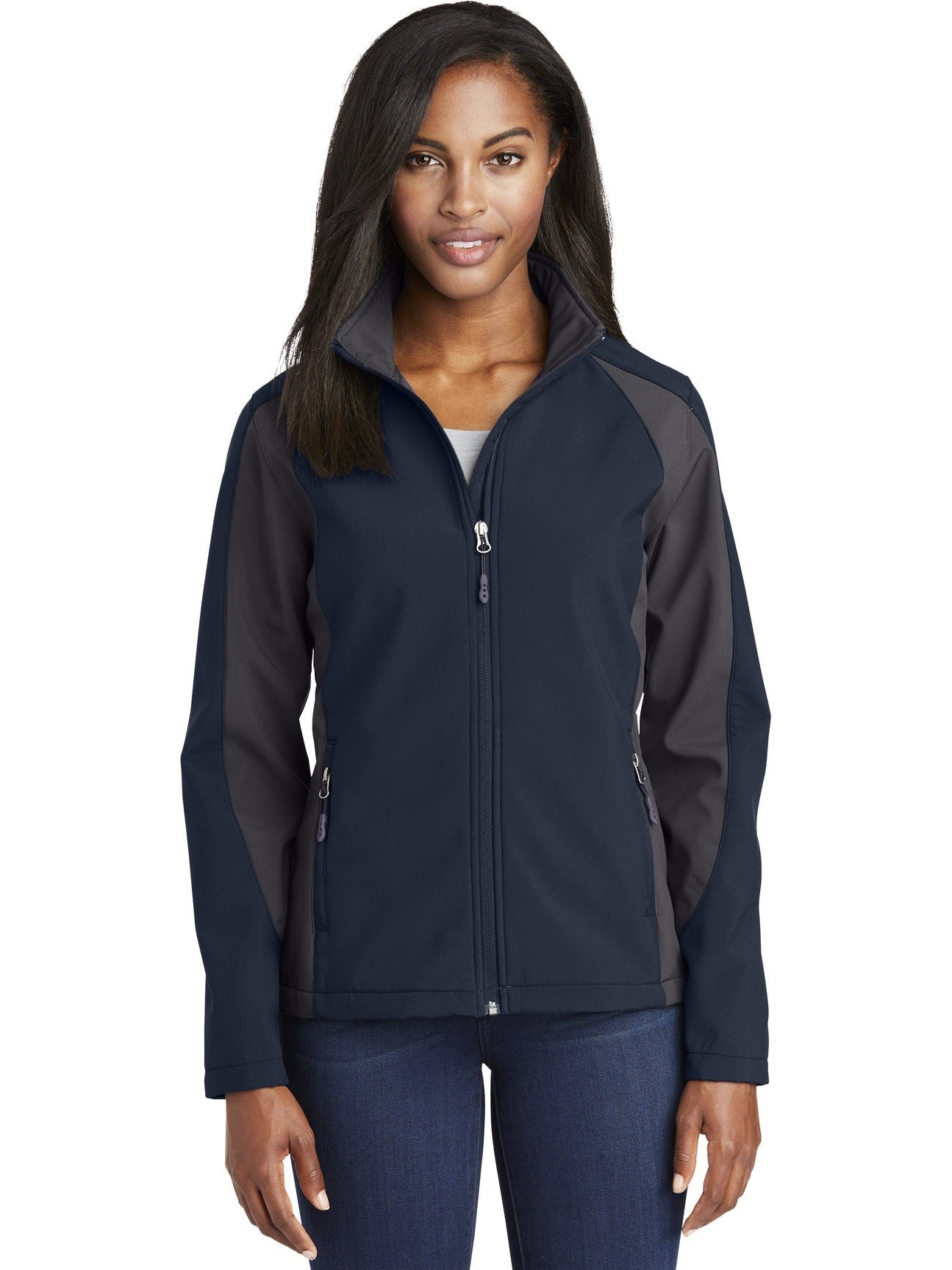 Sport-Tek Ladies Colorblock Soft Shell-Regular-Sport-Tek-True Navy/Iron Grey-XS-Thread Logic