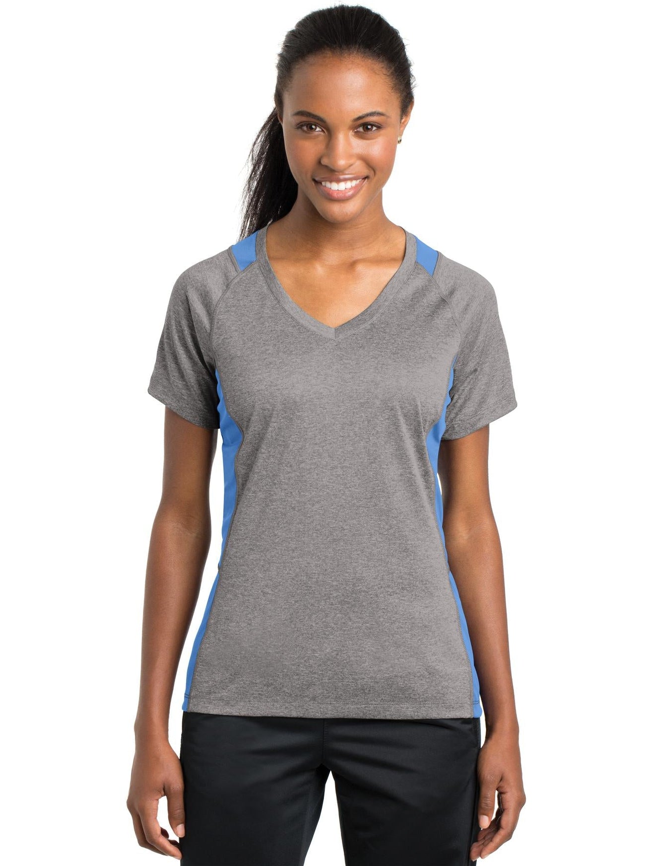 Sport-Tek Ladies Heather Colorblock Contender V-Neck Tee-Active-Sport-Tek-Vintage Heather/Carolina Blue-S-Thread Logic