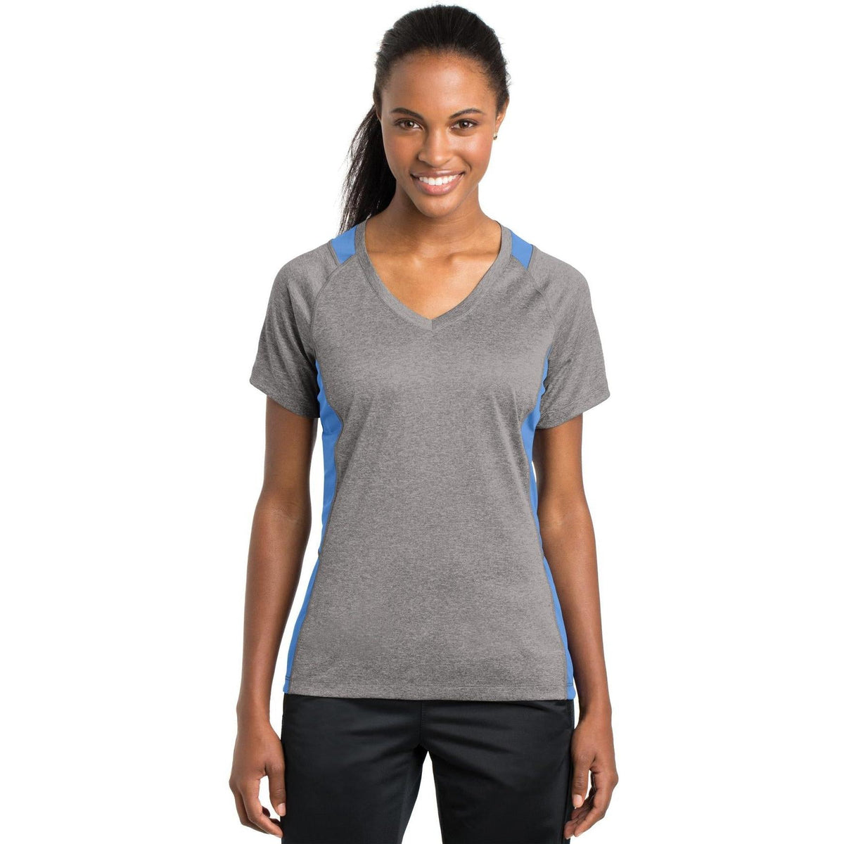 no-logo Sport-Tek Ladies Heather Colorblock Contender V-Neck Tee-Active-Sport-Tek-Vintage Heather/Carolina Blue-S-Thread Logic