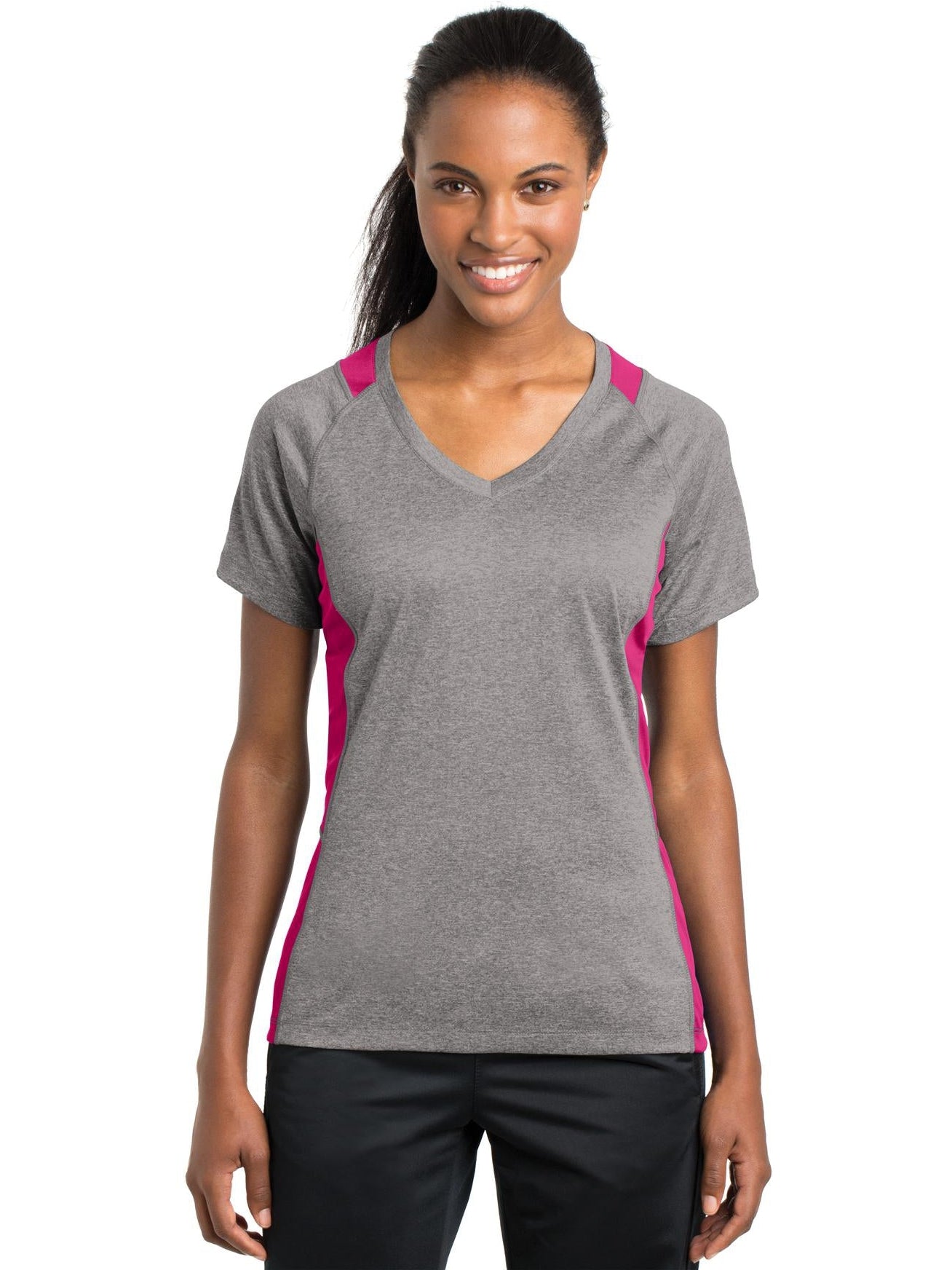 Sport-Tek Ladies Heather Colorblock Contender V-Neck Tee-Active-Sport-Tek-Vintage Heather/Pink Raspberry-S-Thread Logic