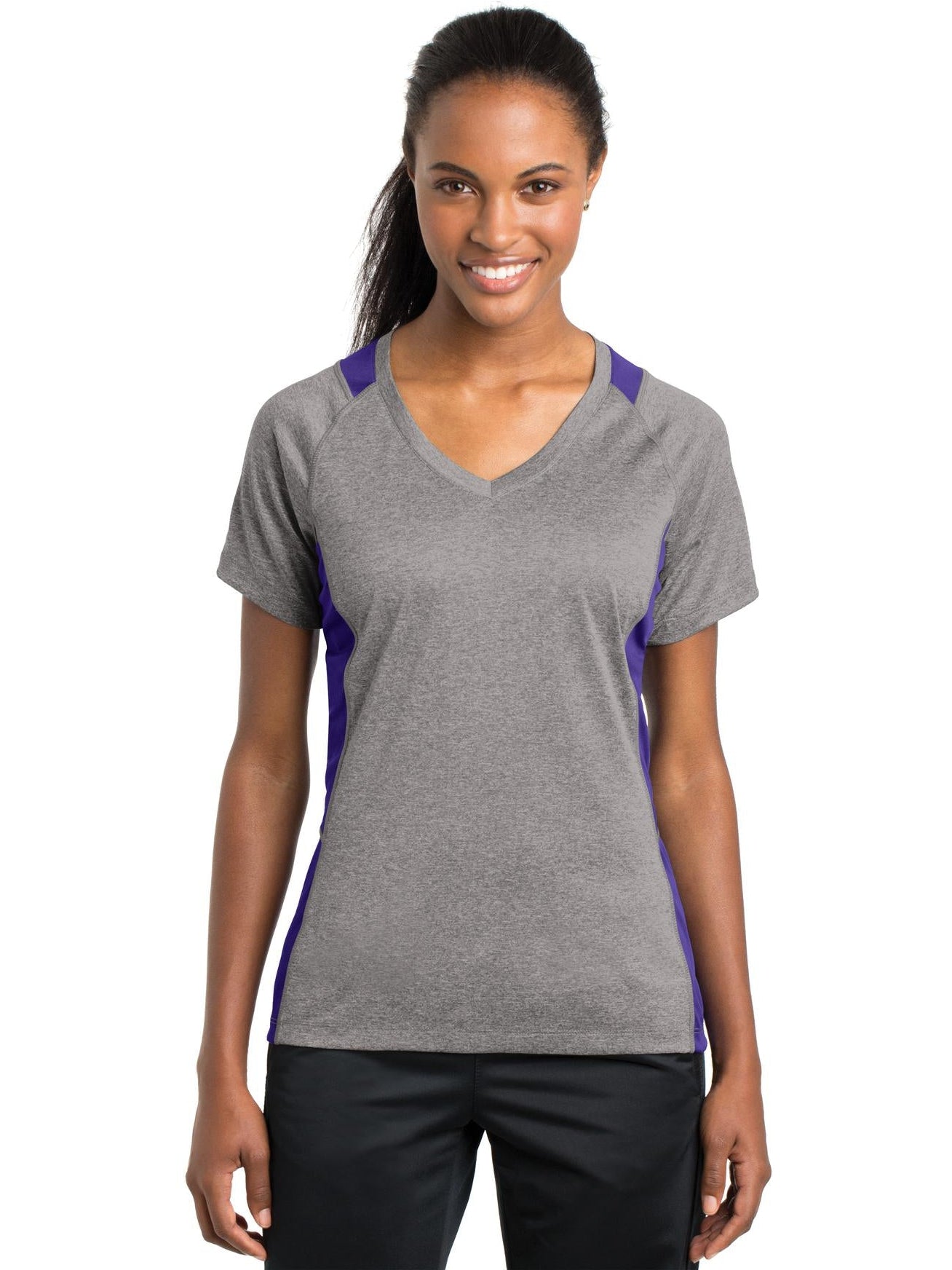 Sport-Tek Ladies Heather Colorblock Contender V-Neck Tee-Active-Sport-Tek-Vintage Heather/Purple-S-Thread Logic