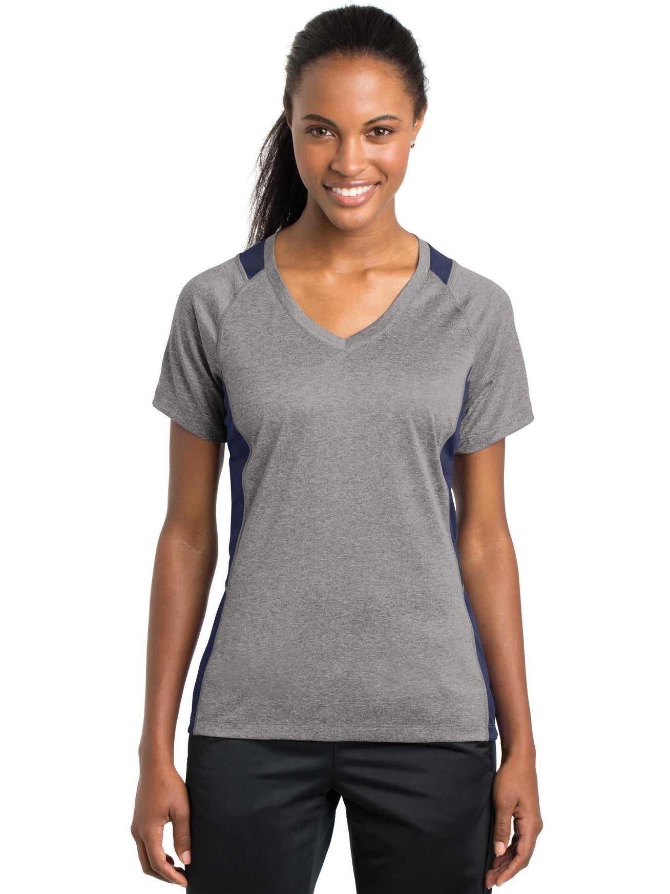 Sport-Tek Ladies Heather Colorblock Contender V-Neck Tee-Active-Sport-Tek-Vintage Heather/True Navy-S-Thread Logic