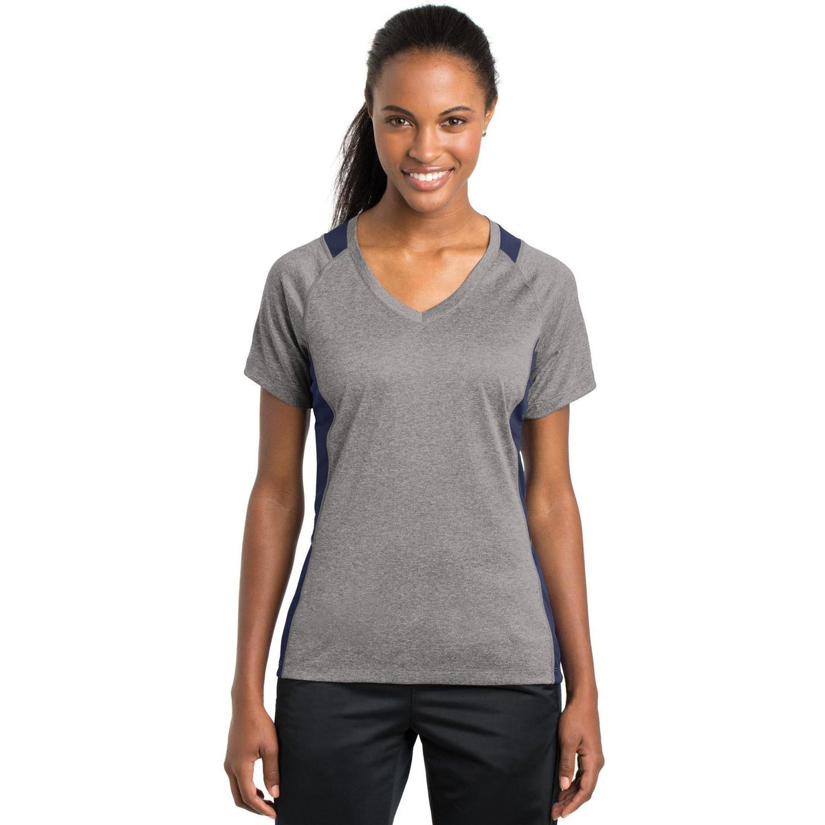 no-logo Sport-Tek Ladies Heather Colorblock Contender V-Neck Tee-Active-Sport-Tek-Vintage Heather/True Navy-S-Thread Logic