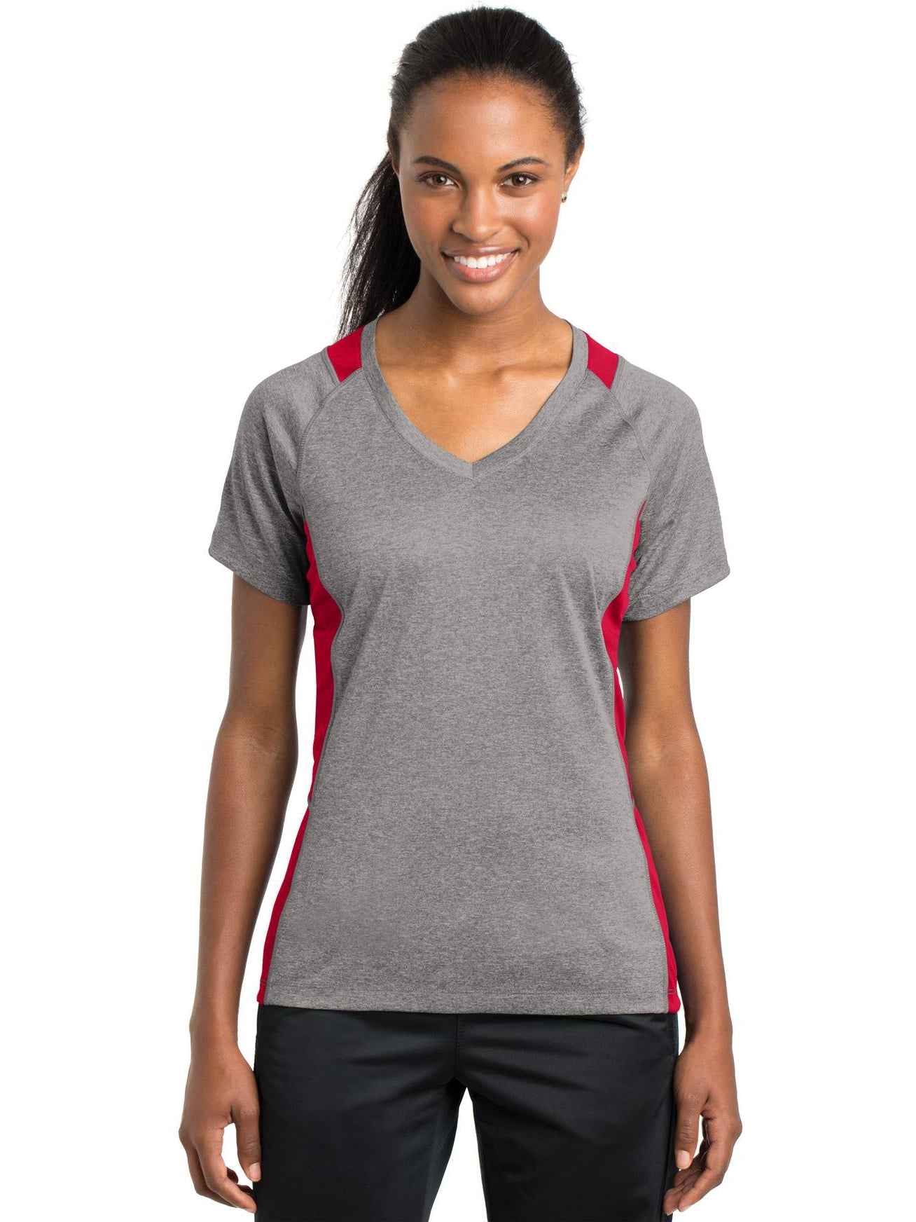 No-Logo CLOSEOUT - Sport-Tek Ladies Heather Colorblock Contender V-Neck Tee-Polos-Sport-Tek-Vintage Heather/True Red-S-Thread Logic