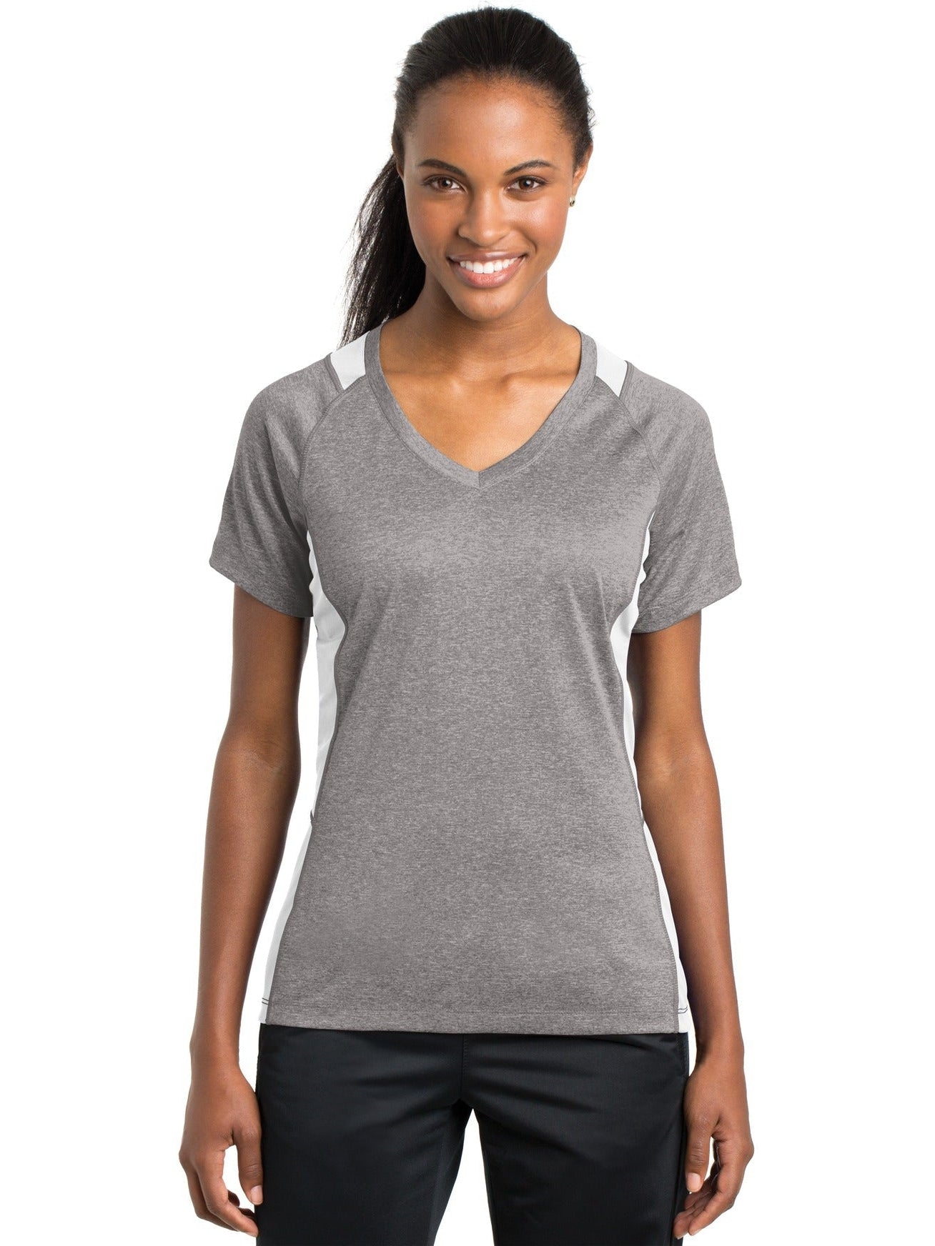 Sport-Tek Ladies Heather Colorblock Contender V-Neck Tee-Active-Sport-Tek-Vintage Heather/White-S-Thread Logic