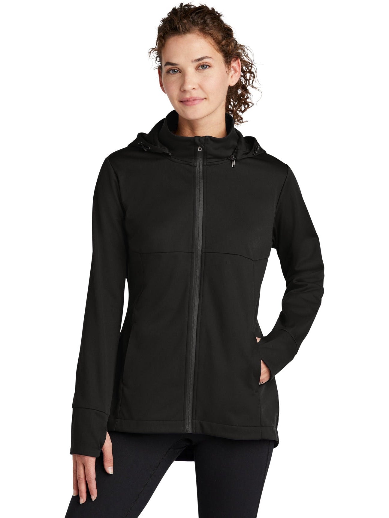 Sport-Tek Ladies Hooded Soft Shell Jacket-Regular-Sport-Tek-Deep Black-S-Thread Logic
