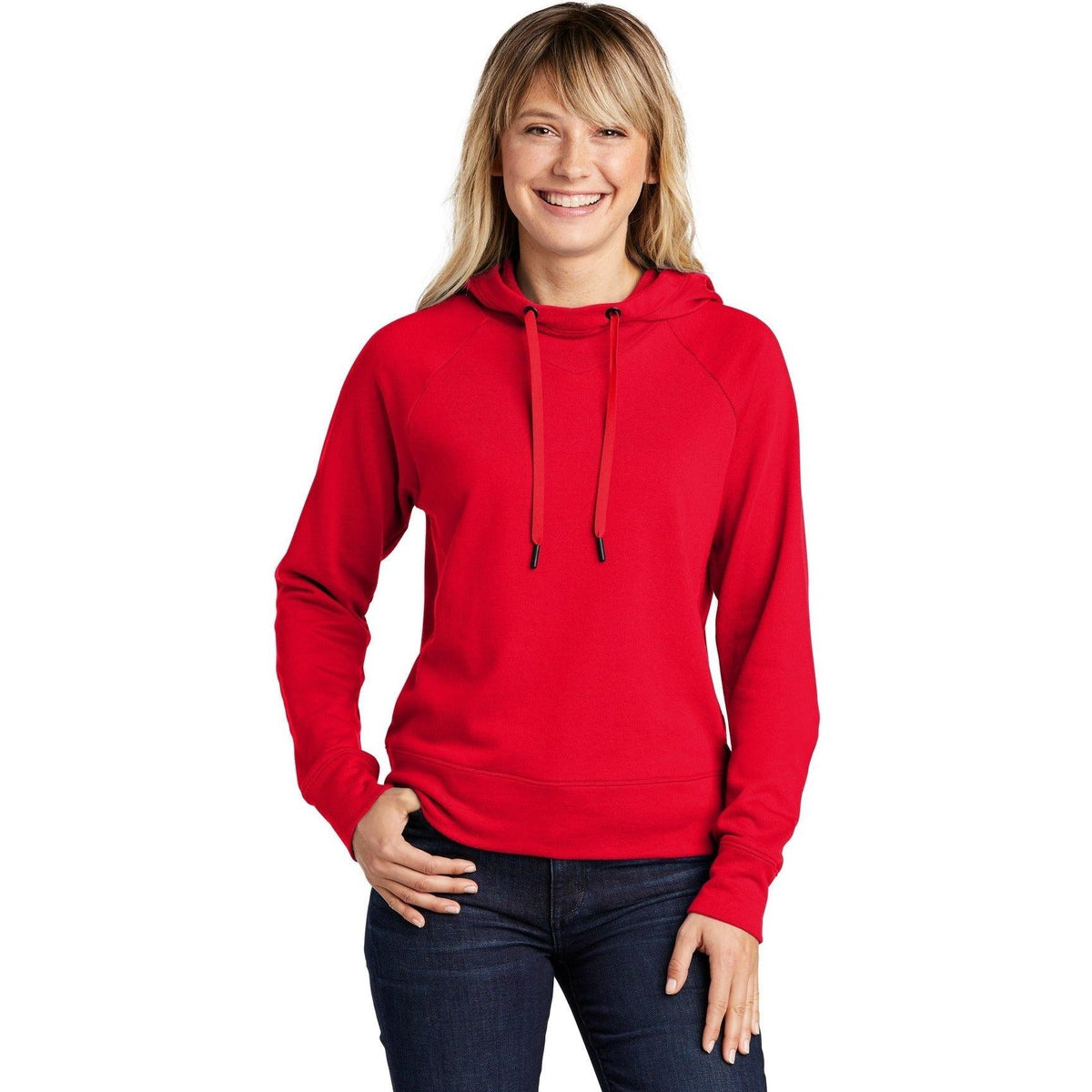 logo-left Sport-Tek Ladies Lightweight French Terry Pullover Hoodie-Regular-Sport-Tek-True Red-S-Thread Logic