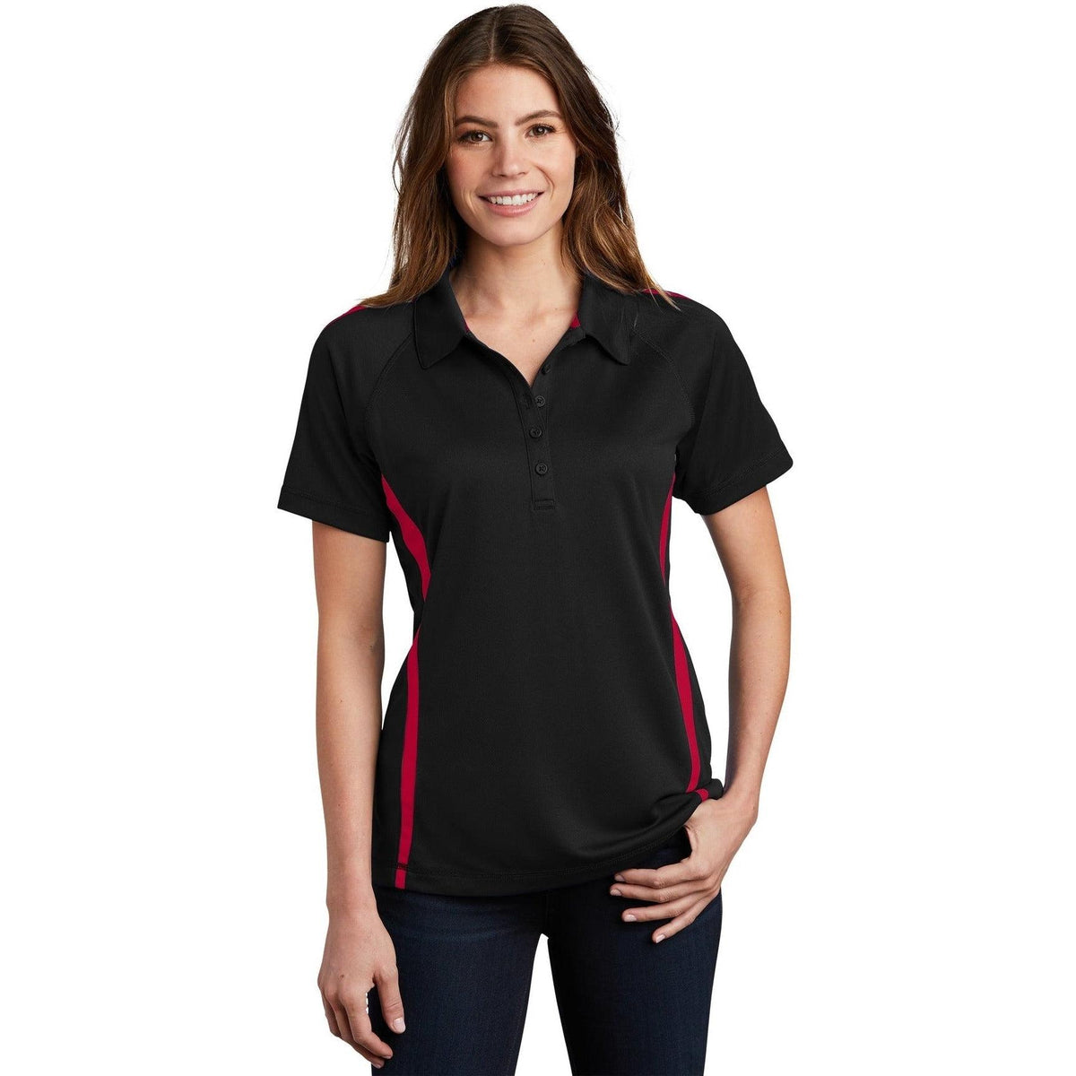 no-logo Sport-Tek Women's Micro-Mesh Colorblock Polo-Regular-Sport-Tek-Black/Red-XS-Thread Logic