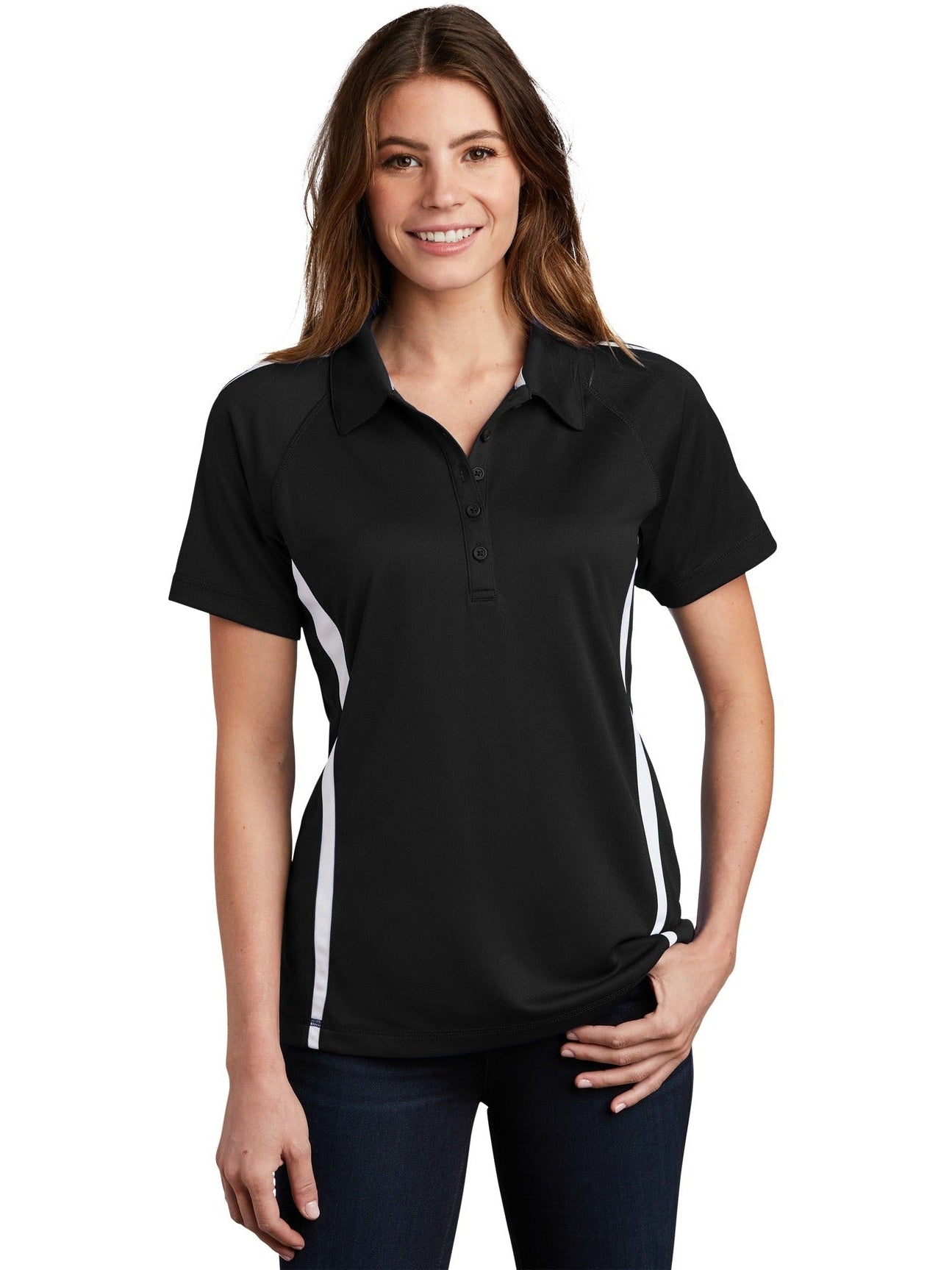 Sport-Tek Ladies Micro-Mesh Colorblock Polo-Regular-Sport-Tek-Black/White-XS-Thread Logic