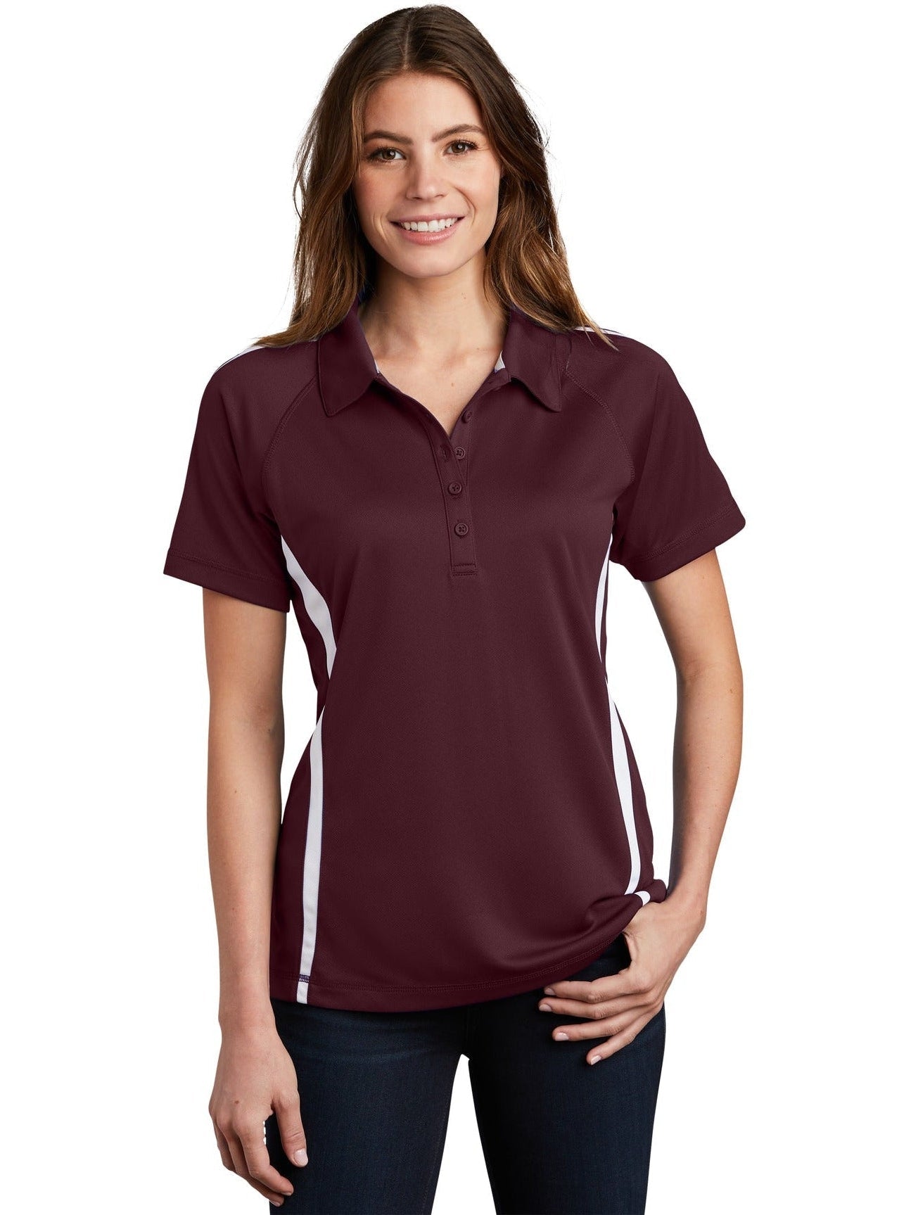 Sport-Tek Ladies Micro-Mesh Colorblock Polo-Regular-Sport-Tek-Maroon/White-XS-Thread Logic