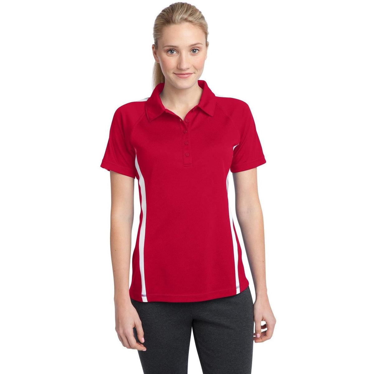 no-logo Sport-Tek Women's Micro-Mesh Colorblock Polo-Regular-Sport-Tek-True Red/White-XS-Thread Logic
