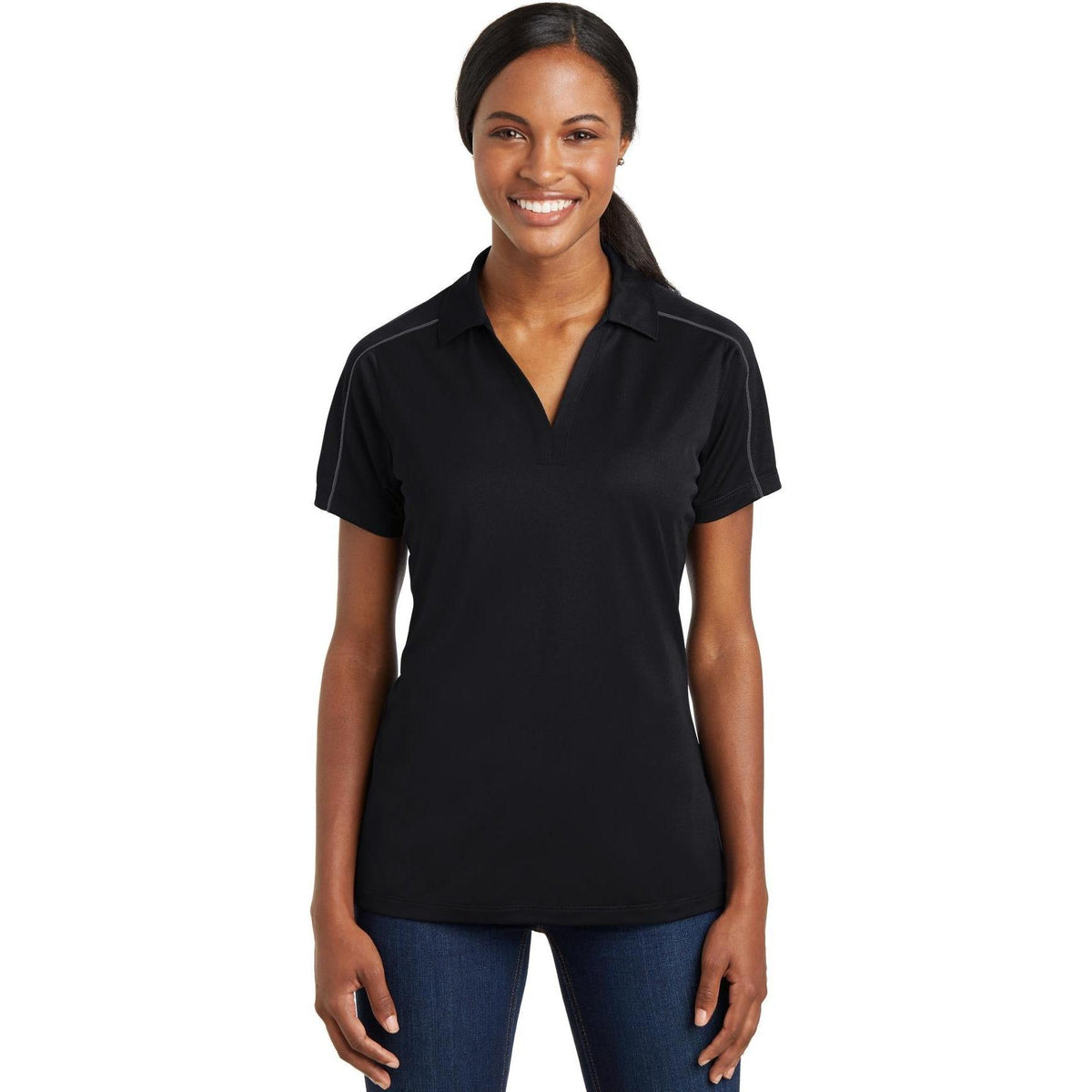 no-logo Sport-Tek Ladies Micropique Sport-Wick Piped Polo-Regular-Sport-Tek-Black/Iron Grey-S-Thread Logic