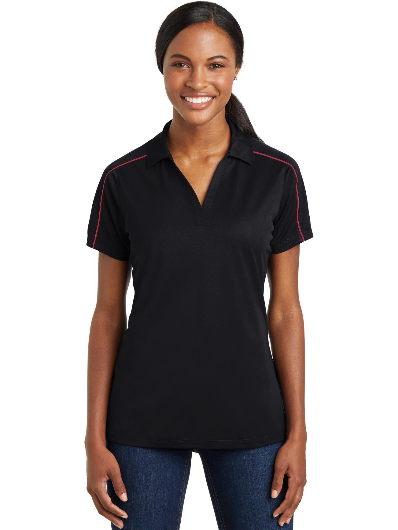 Sport-Tek Ladies Micropique Sport-Wick Piped Polo-Regular-Sport-Tek-Black/True Red-S-Thread Logic