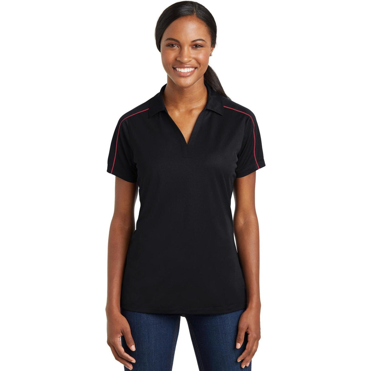 no-logo Sport-Tek Ladies Micropique Sport-Wick Piped Polo-Regular-Sport-Tek-Black/True Red-S-Thread Logic