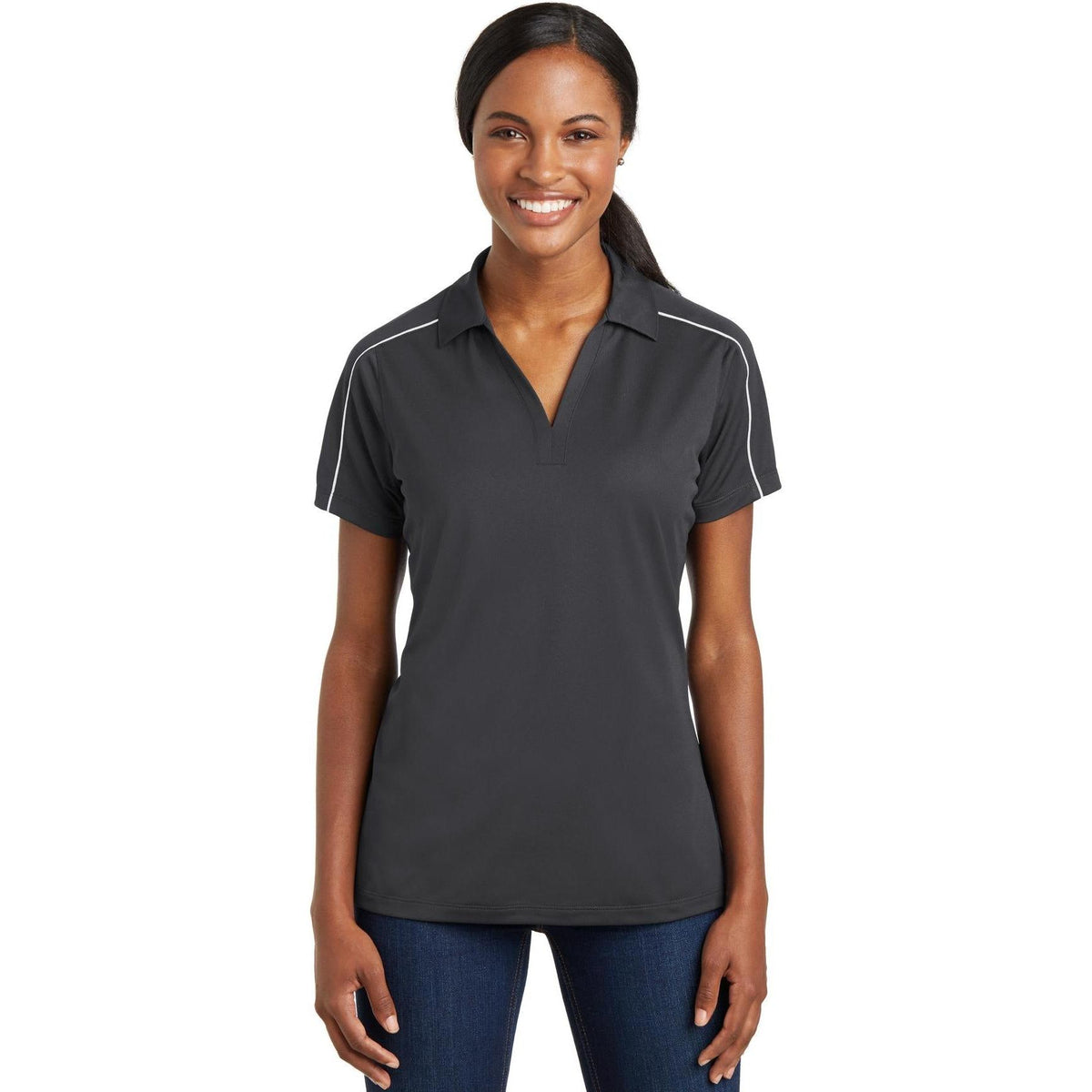 no-logo Sport-Tek Ladies Micropique Sport-Wick Piped Polo-Regular-Sport-Tek-Iron Grey/White-S-Thread Logic