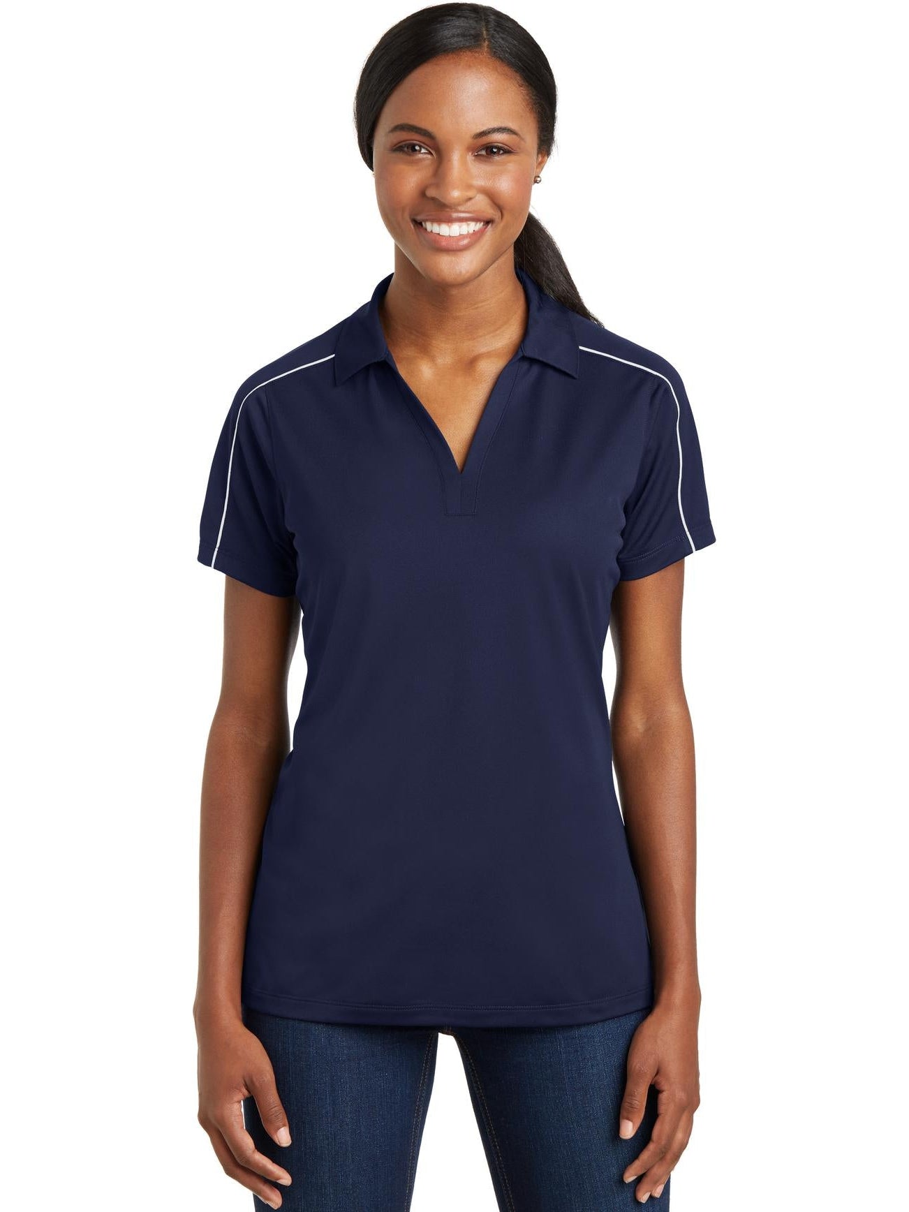 Sport-Tek Ladies Micropique Sport-Wick Piped Polo-Regular-Sport-Tek-True Navy/White-S-Thread Logic