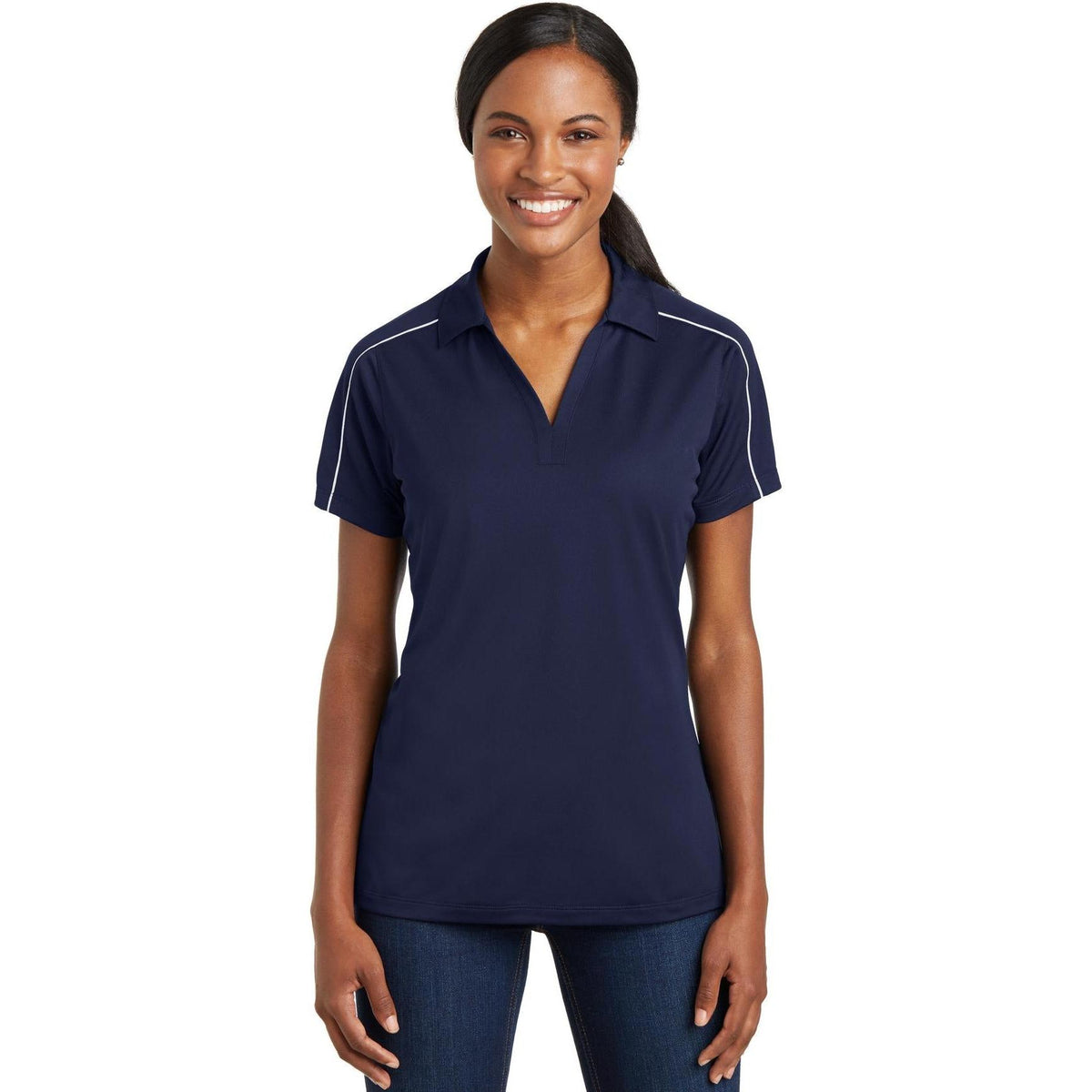 no-logo Sport-Tek Ladies Micropique Sport-Wick Piped Polo-Regular-Sport-Tek-True Navy/White-S-Thread Logic