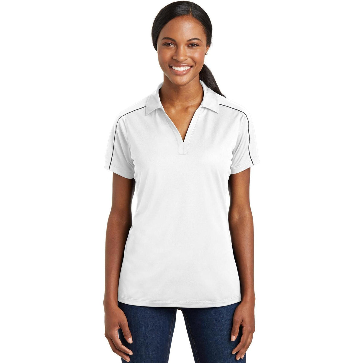 no-logo Sport-Tek Ladies Micropique Sport-Wick Piped Polo-Regular-Sport-Tek-White/Iron Grey-S-Thread Logic