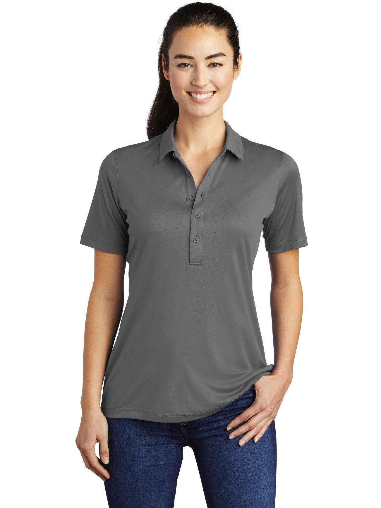 Sport-Tek Ladies Posi-UV Pro Polo-Regular-Sport-Tek-Dark Smoke Grey-S-Thread Logic