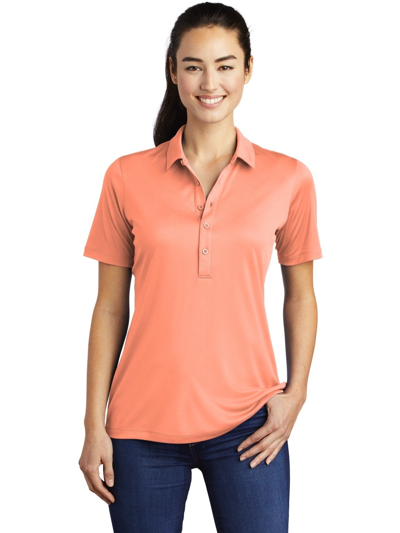 Sport-Tek Ladies Posi-UV Pro Polo-Regular-Sport-Tek-Soft Coral-S-Thread Logic