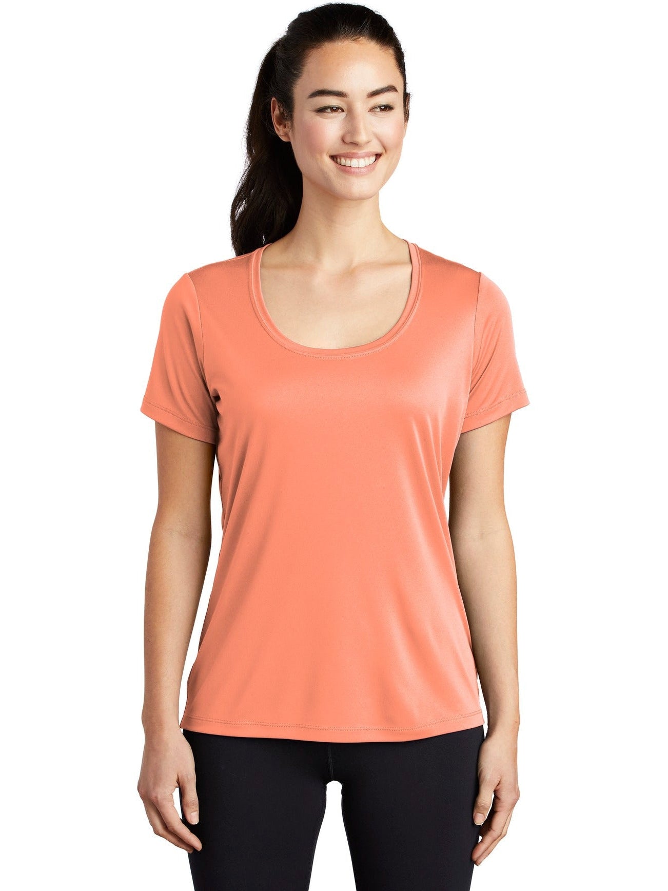 Sport-Tek Ladies Posi-Uv Pro Scoop Neck Tee-Active-Sport-Tek-Soft Coral-S-Thread Logic
