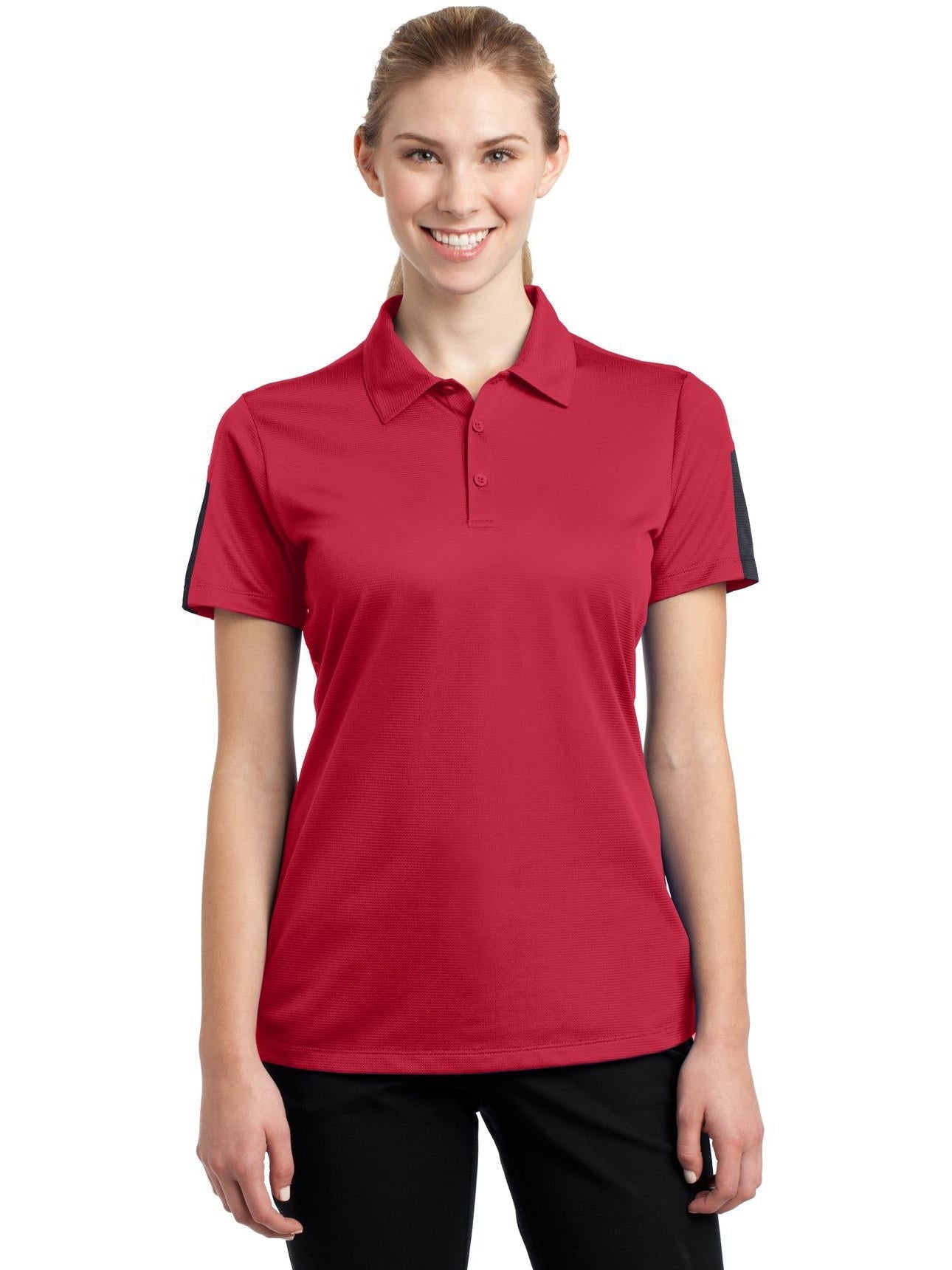 No-Logo CLOSEOUT - Sport-Tek Ladies PosiCharge Active Textured Colorblock Polo-Active-Sport-Tek-True Red/Grey-XS-Thread Logic