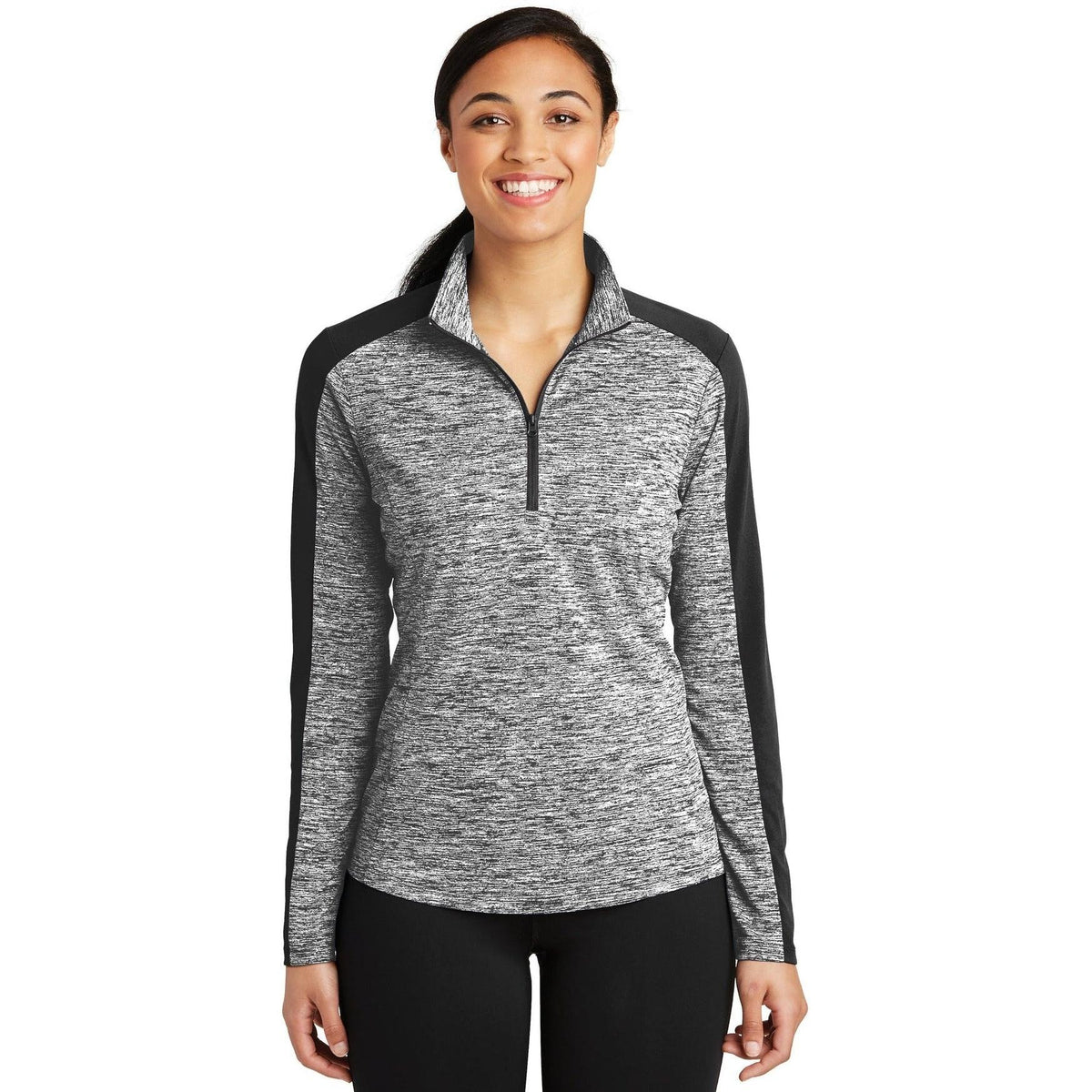 logo-left Sport-Tek Women's PosiCharge Electric Heather Colorblock 1/4-Zip Pullover-Quarter Zips-Sport-Tek-Black Electric/Black-XS-Thread Logic