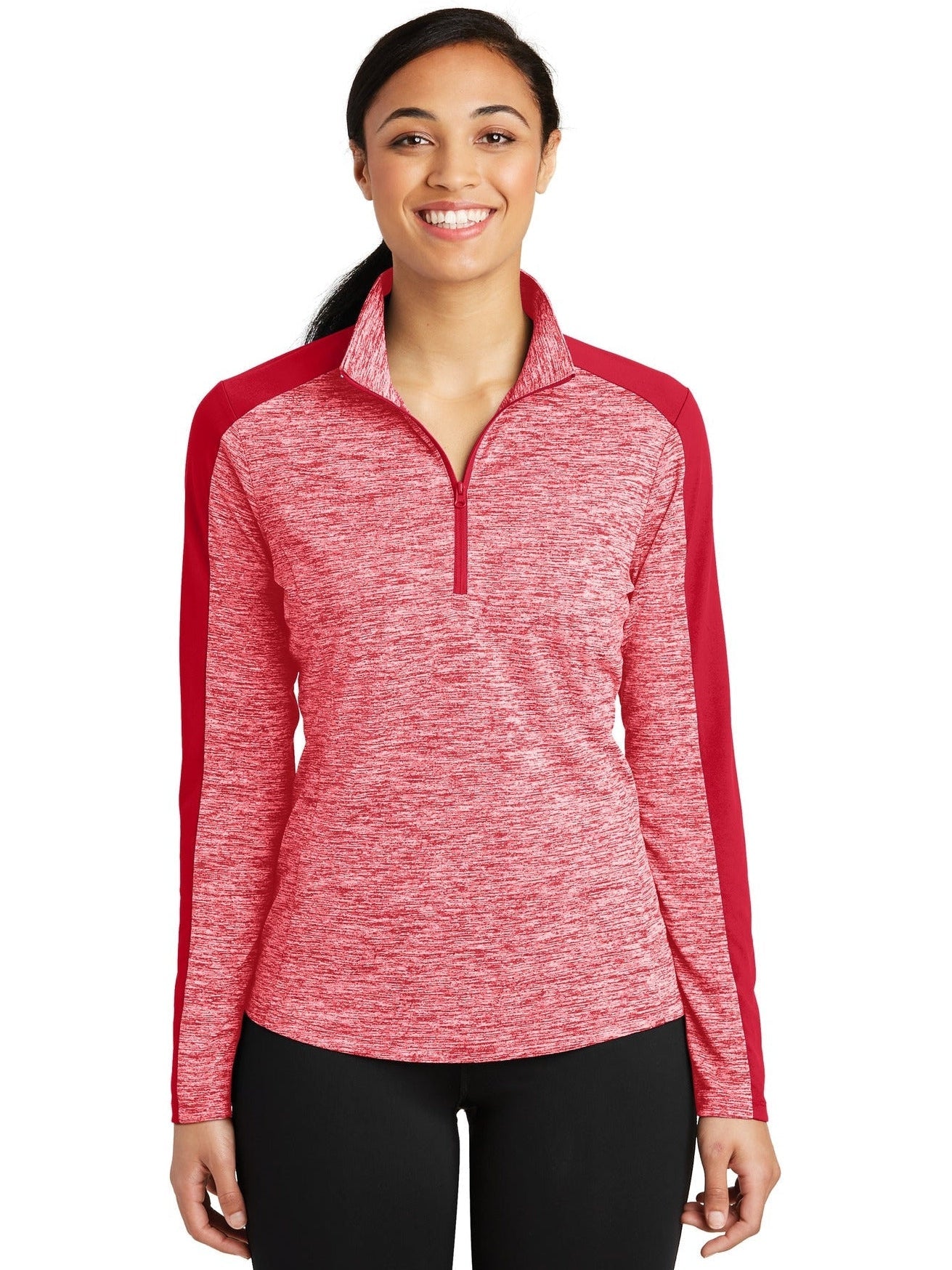 Sport-Tek Ladies PosiCharge Electric Heather Colorblock 1/4-Zip Pullover-Regular-Sport-Tek-Deep Red Electric/Deep Red-XS-Thread Logic