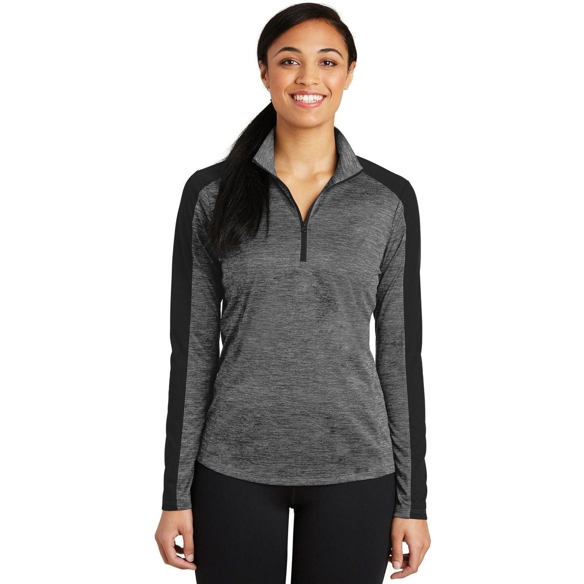 logo-left Sport-Tek Women's PosiCharge Electric Heather Colorblock 1/4-Zip Pullover-Quarter Zips-Sport-Tek-Grey-Black Electric/Black-XS-Thread Logic