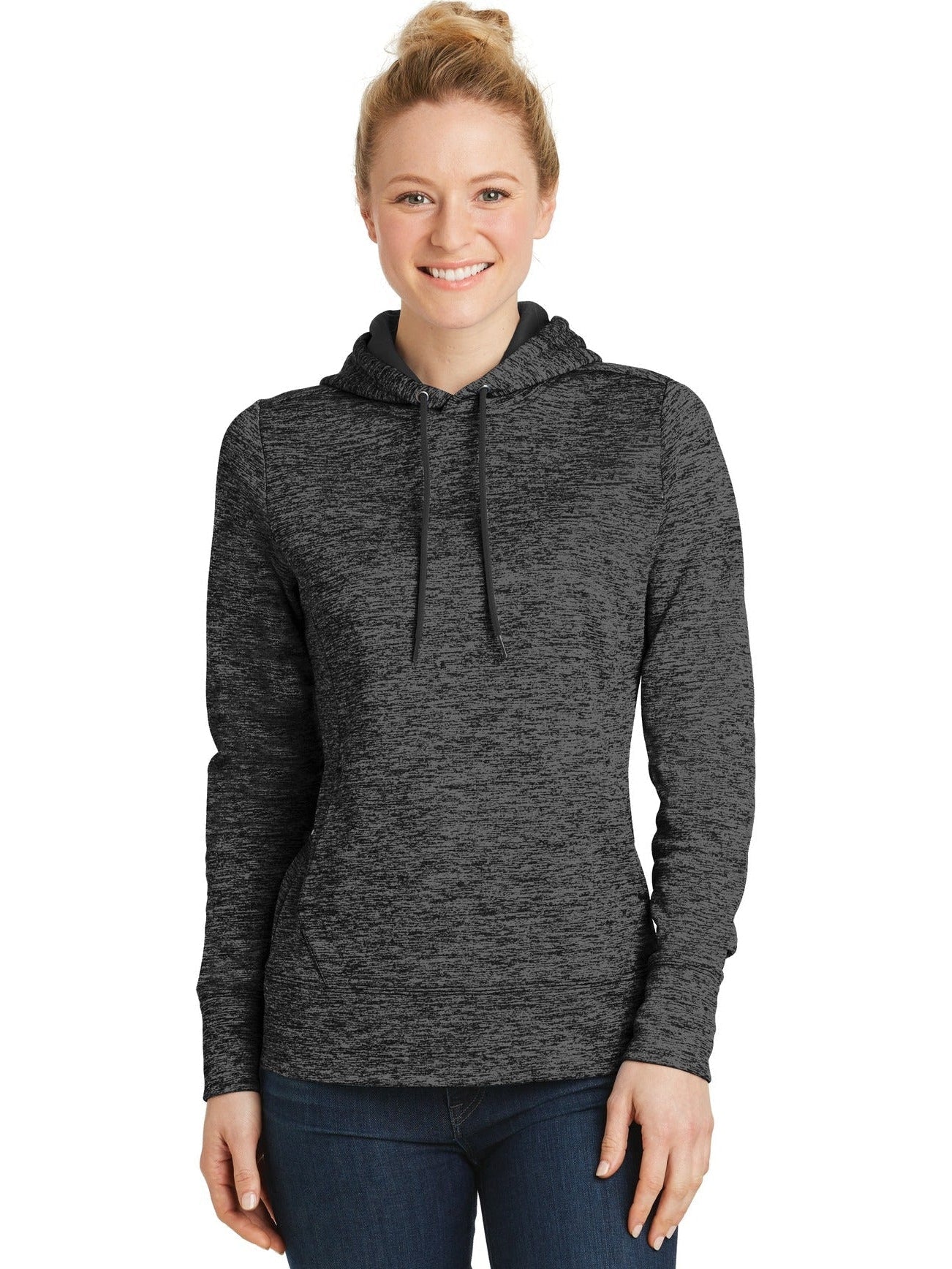 Sport-Tek Ladies PosiCharge Electric Heather Fleece Hooded Pullover-Active-Sport-Tek-Grey Black Electric-XS-Thread Logic