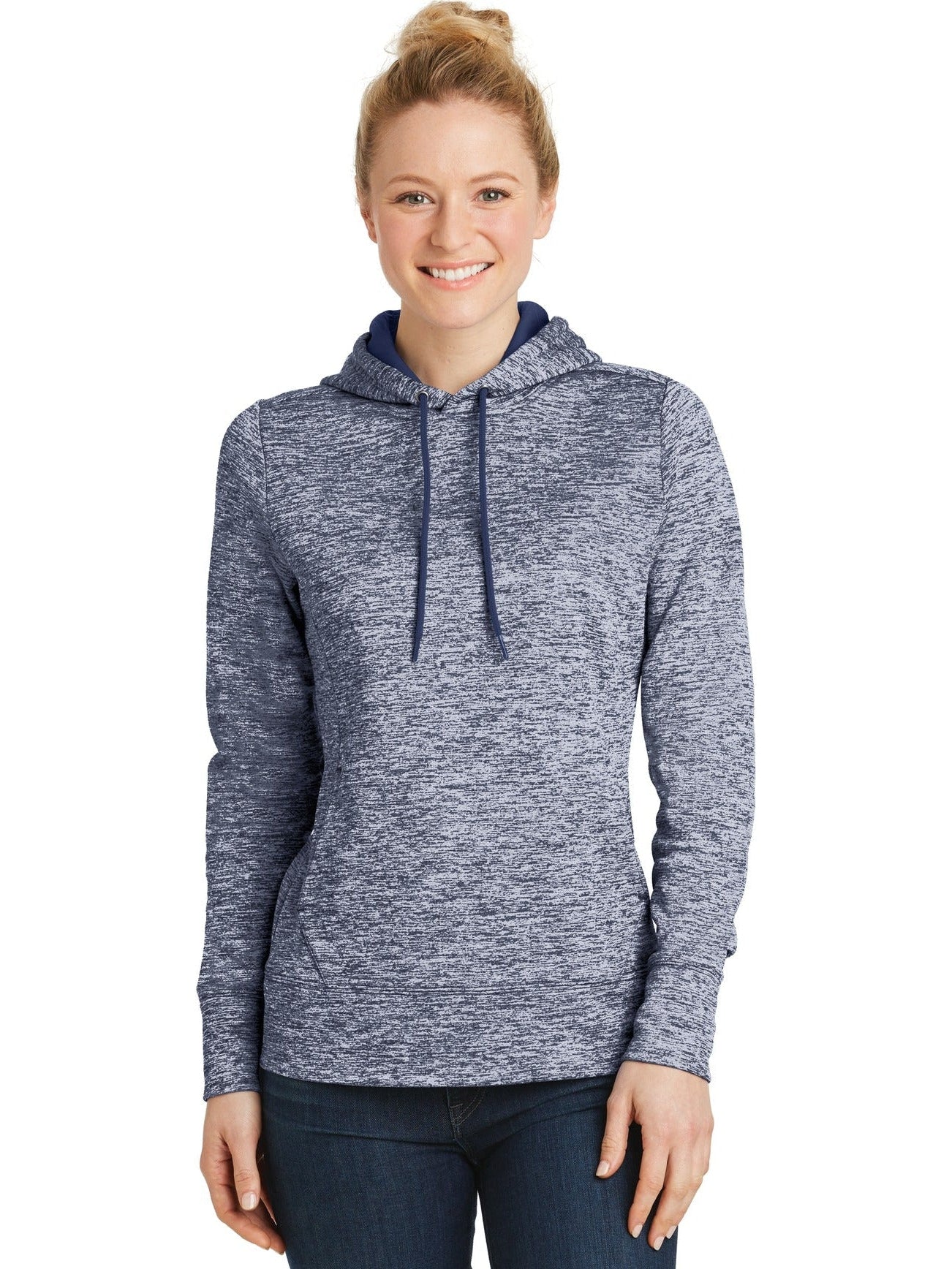 Sport-Tek Ladies PosiCharge Electric Heather Fleece Hooded Pullover-Active-Sport-Tek-True Navy Electric-XS-Thread Logic