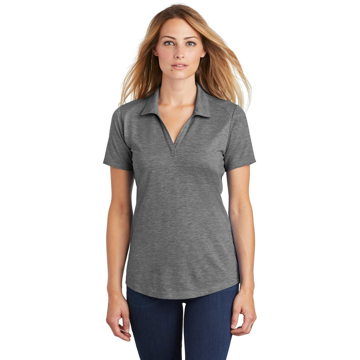 logo-left Sport-Tek Women's PosiCharge Tri-Blend Wicking Polo-Regular-Sport-Tek-Dark Grey Heather-S-Thread Logic