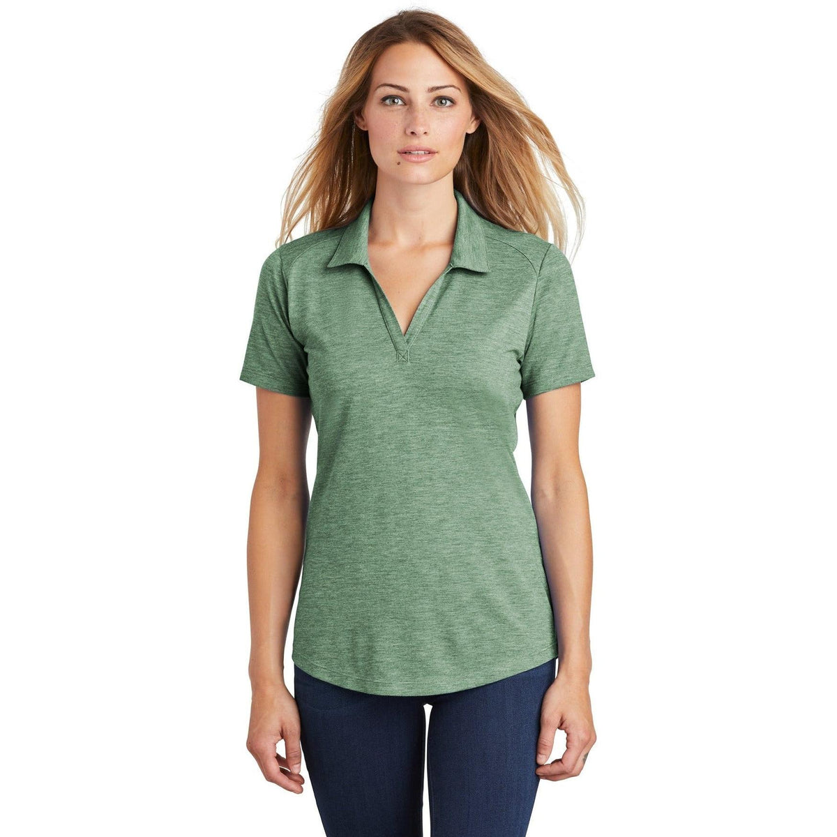 logo-left Sport-Tek Women's PosiCharge Tri-Blend Wicking Polo-Regular-Sport-Tek-Forest Green Heather-S-Thread Logic