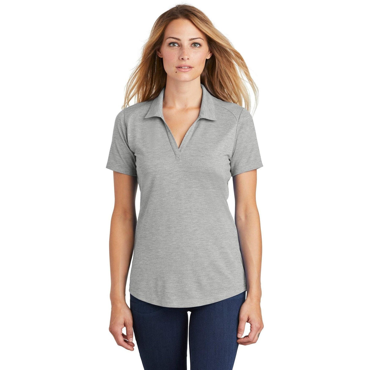 logo-left Sport-Tek Women's PosiCharge Tri-Blend Wicking Polo-Regular-Sport-Tek-Light Grey Heather-S-Thread Logic