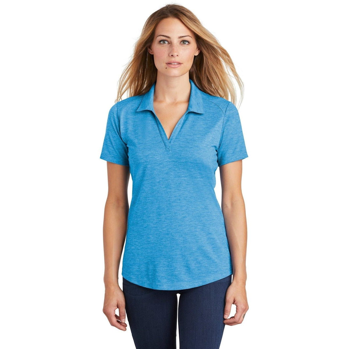 logo-left Sport-Tek Women's PosiCharge Tri-Blend Wicking Polo-Regular-Sport-Tek-Pond Blue Heather-S-Thread Logic