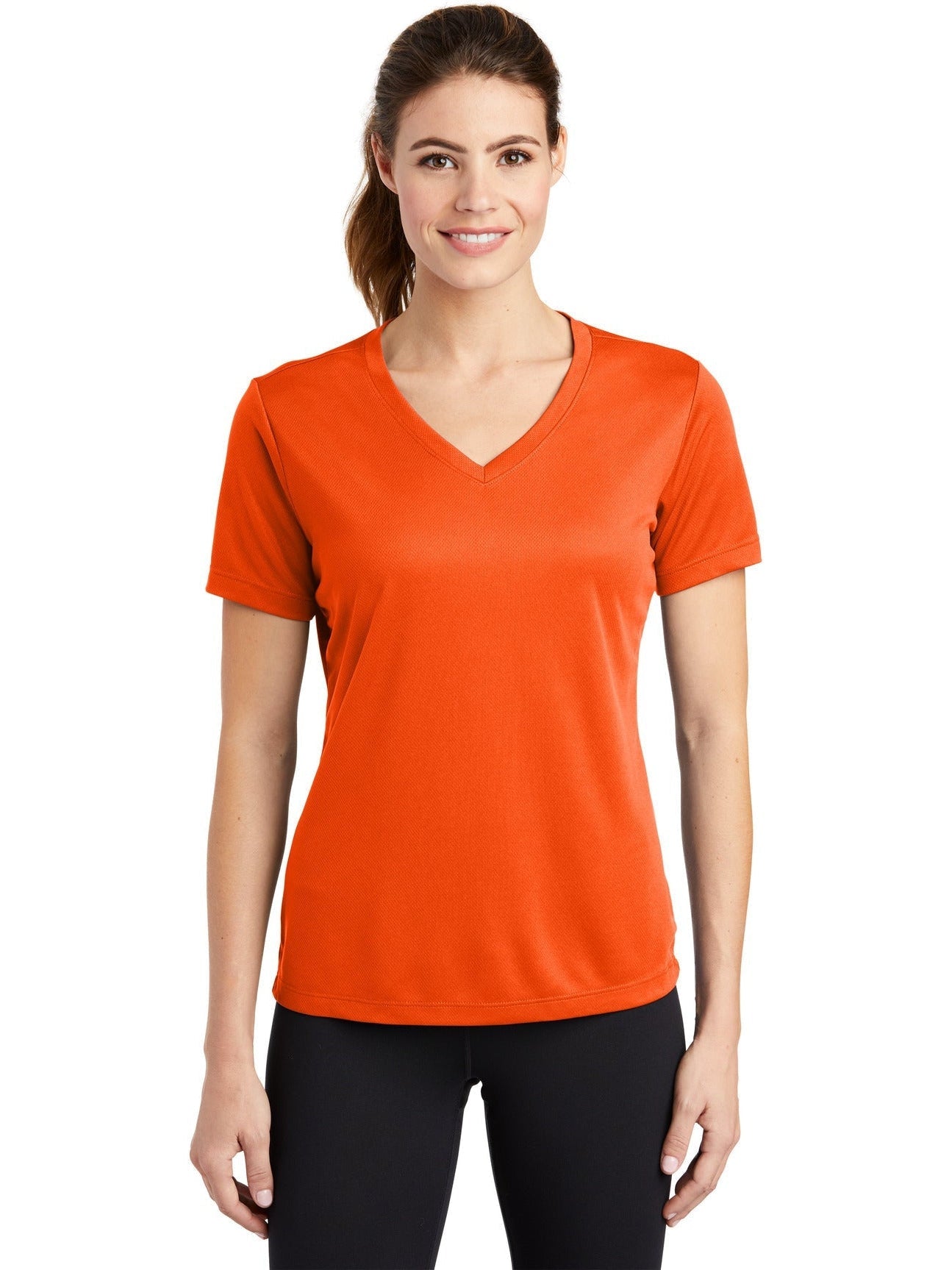 Sport-Tek Ladies Posicharge Racermesh V-Neck Tee-Regular-Sport-Tek-Neon Orange-S-Thread Logic