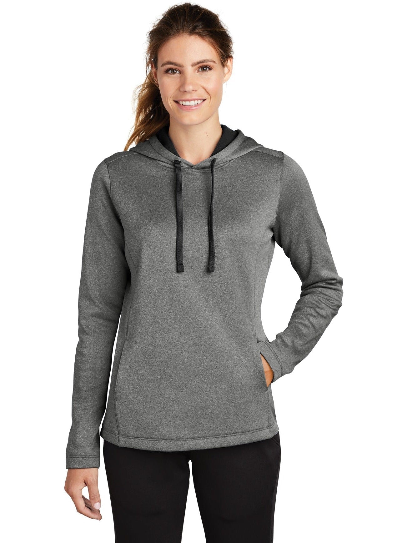 Sport-Tek Ladies Posicharge Sport-Wick Heather Fleece Hooded Pullover-Regular-Sport-Tek-Black Heather-S-Thread Logic
